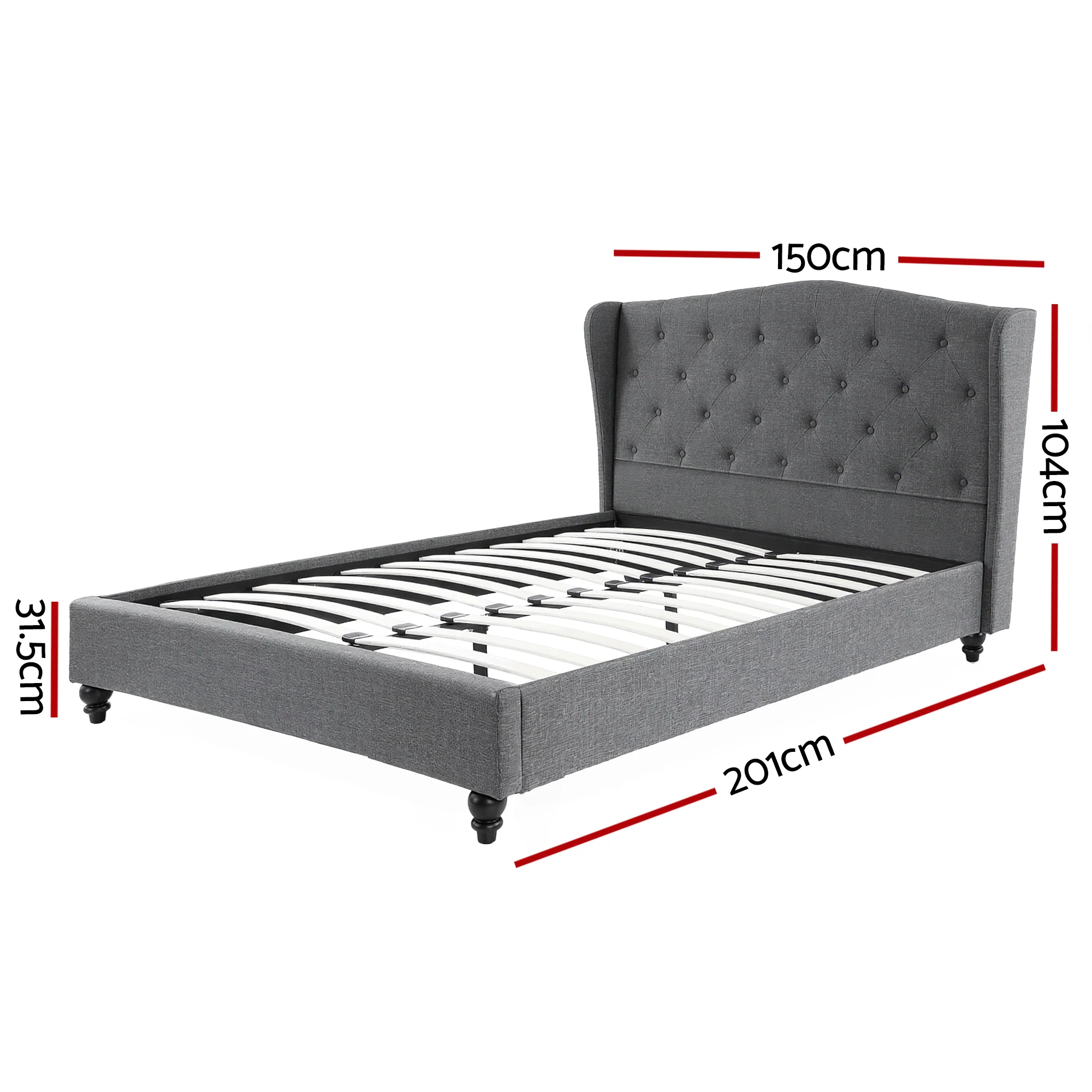 Artiss Double Bed Frame with Wingback Headboard Grey Linen Upholstered Platform Bed Base - Image 2