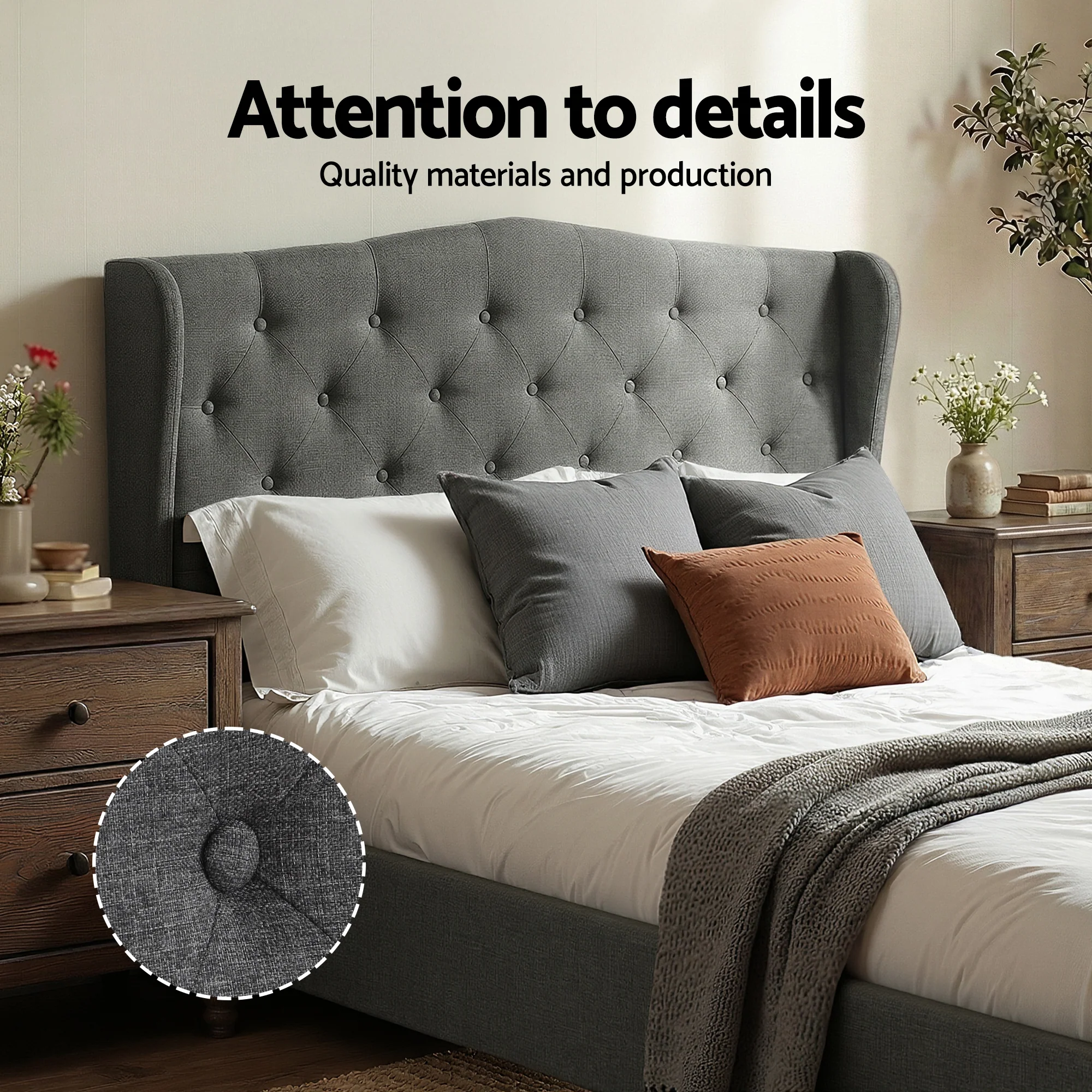 Artiss Double Bed Frame with Wingback Headboard Grey Linen Upholstered Platform Bed Base - Image 4