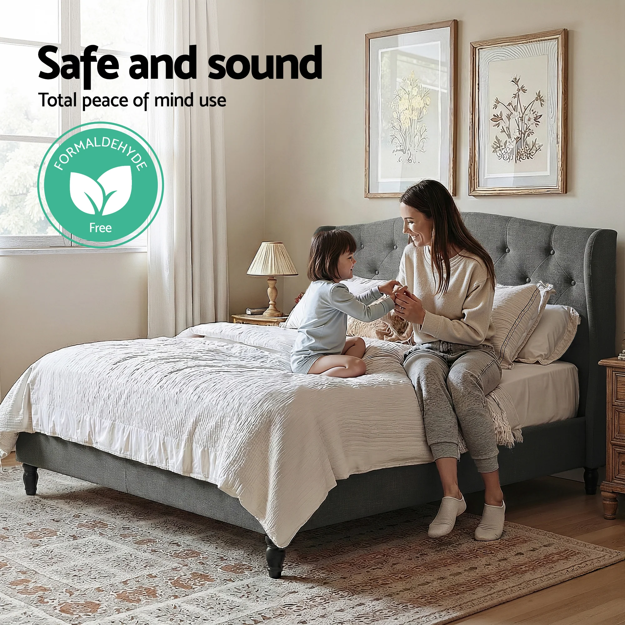 Artiss Double Bed Frame with Wingback Headboard Grey Linen Upholstered Platform Bed Base - Image 5