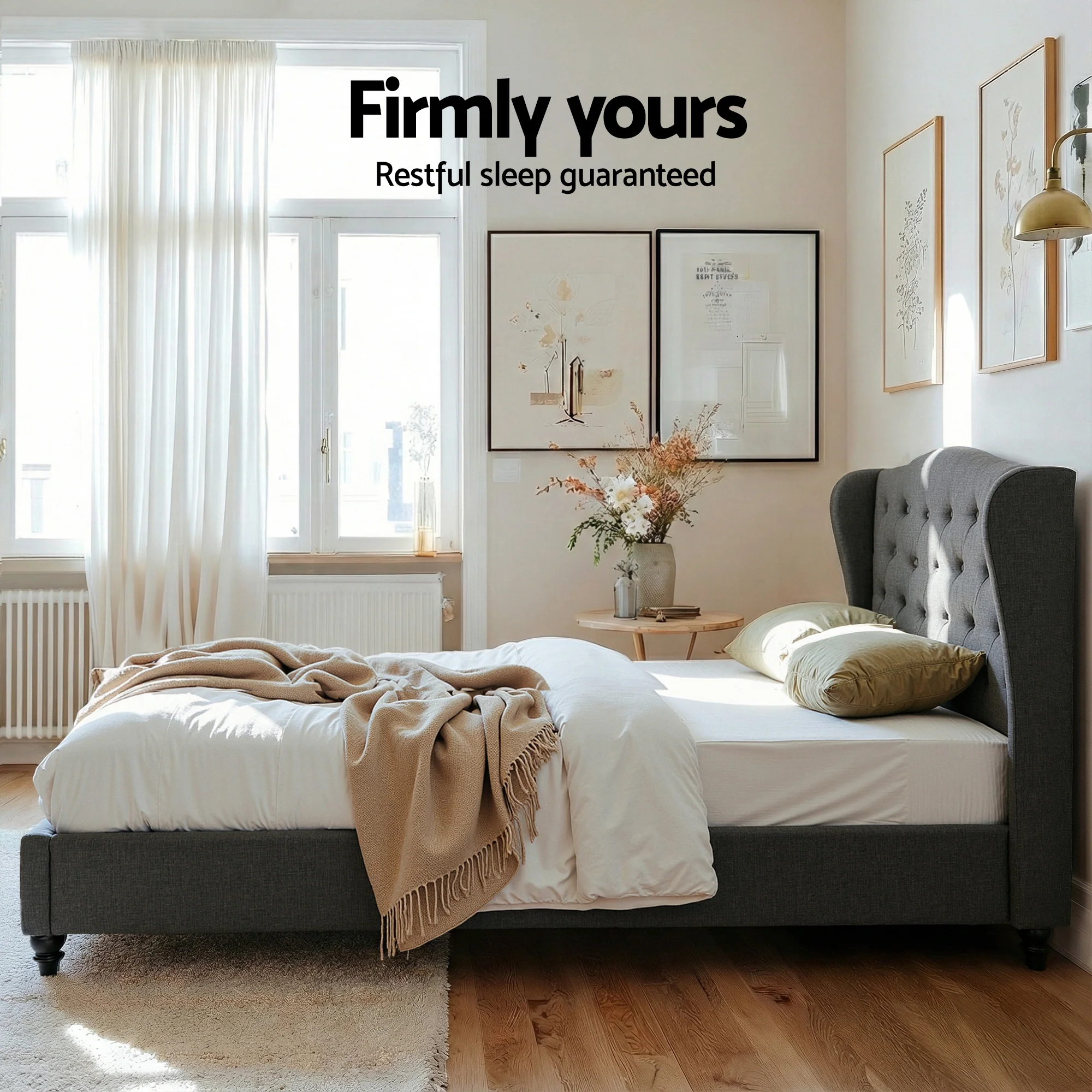 Artiss Double Bed Frame with Wingback Headboard Grey Linen Upholstered Platform Bed Base - Image 6