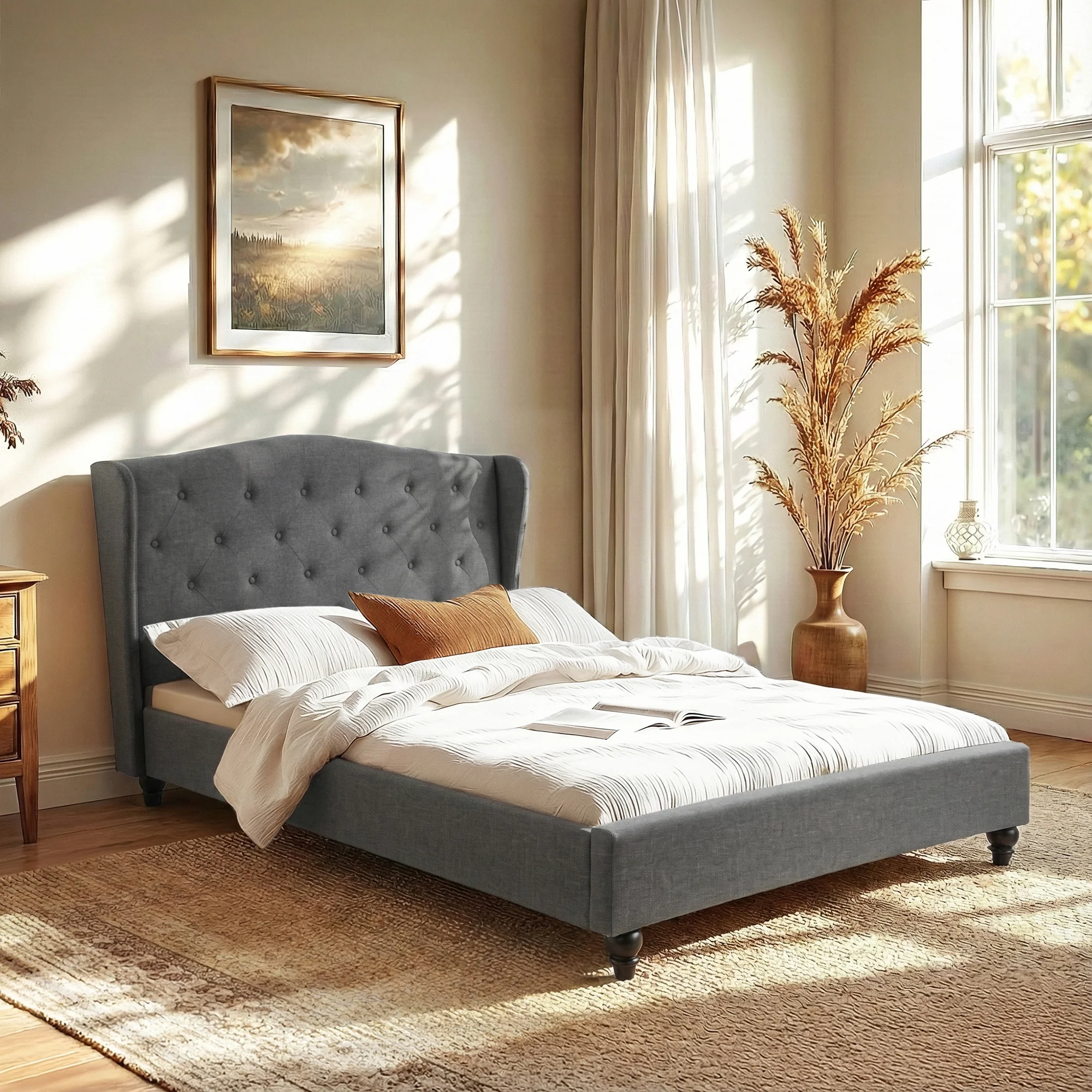 Artiss Double Bed Frame with Wingback Headboard Grey Linen Upholstered Platform Bed Base - Image 7