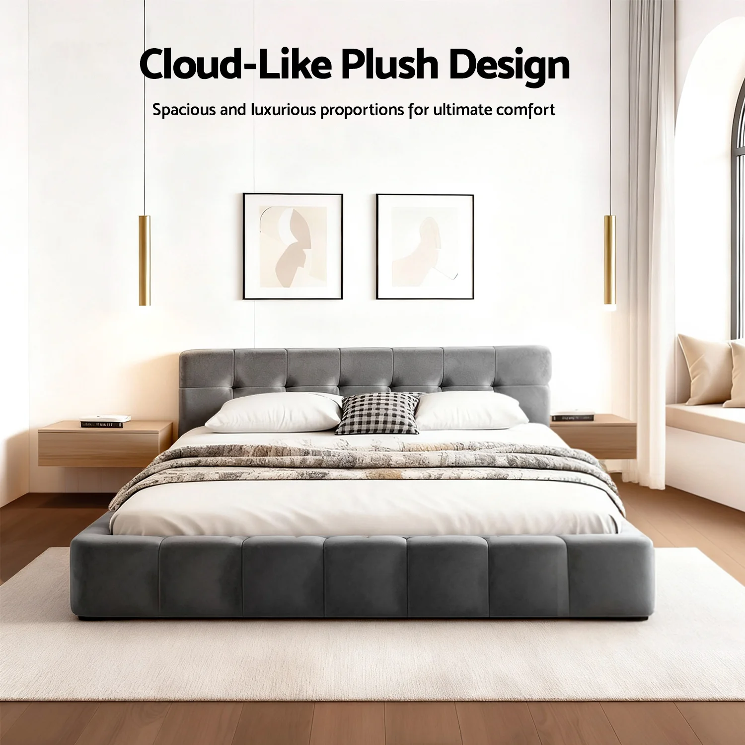 Artiss Double Size Bed Frame Plush Soft Headboard Velvet Platform Base for Modern Bedrooms Grey - Image 4