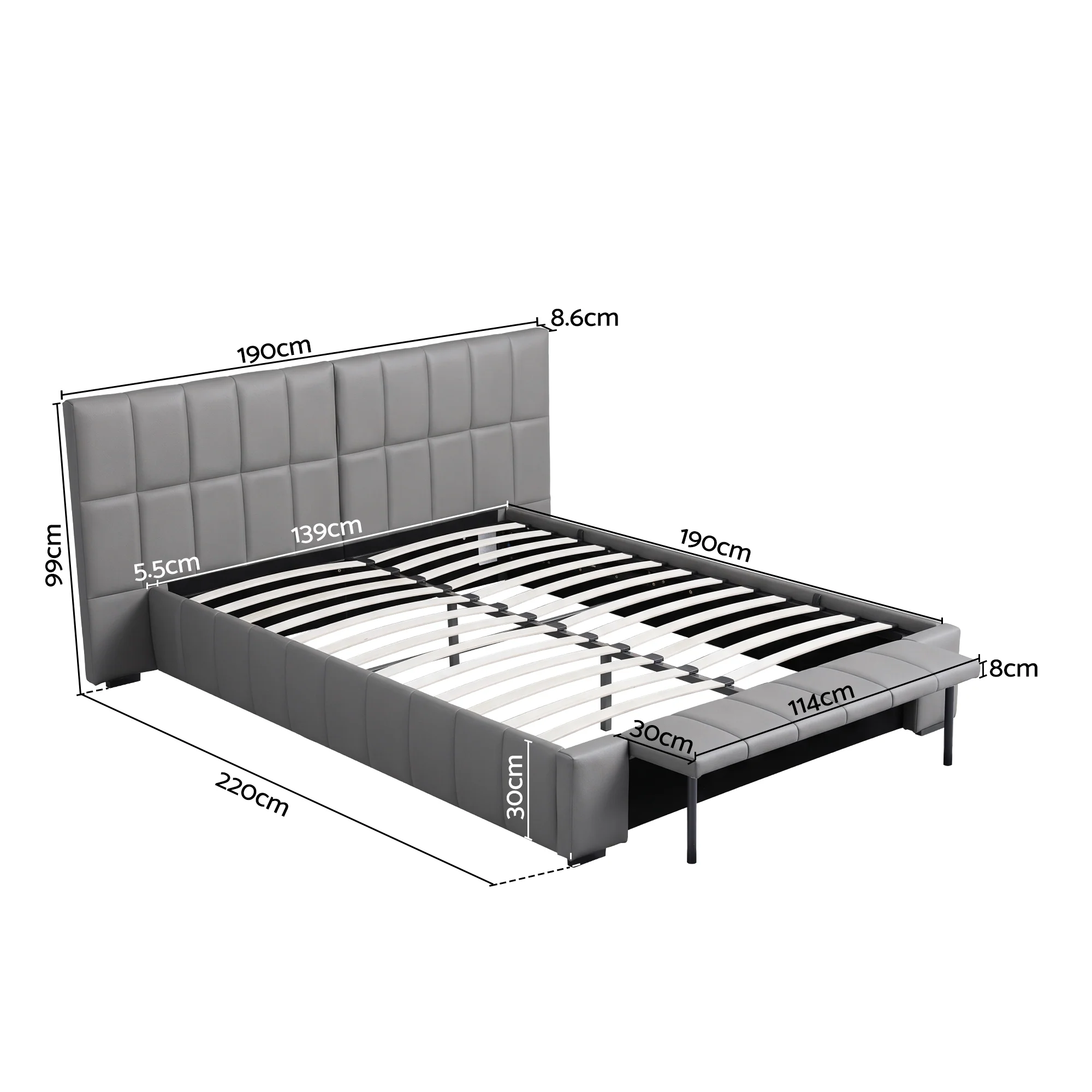 Artiss Double Size Upholstered Gas Lift Bed Frame with Foldable Bench PVC Leather Platform Bed with Storage - Image 3