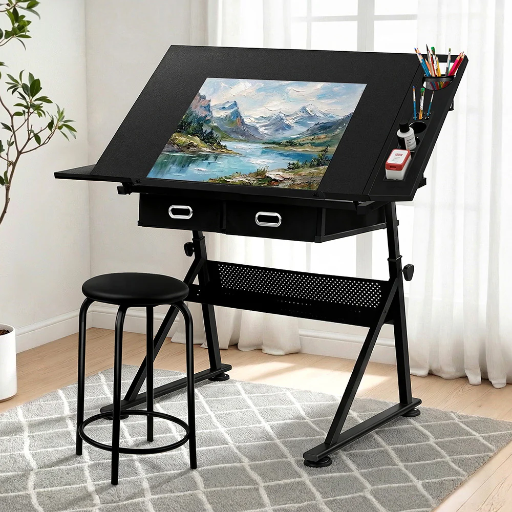 Artiss Drawing Desk Stool Set Drafting Table Adjustable Angle Tilt Drawers Black
