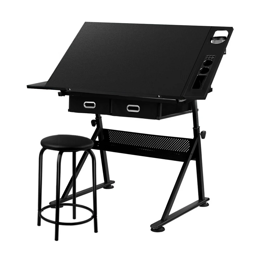 Artiss Drawing Desk Stool Set Drafting Table Adjustable Angle Tilt Drawers Black - Image 2
