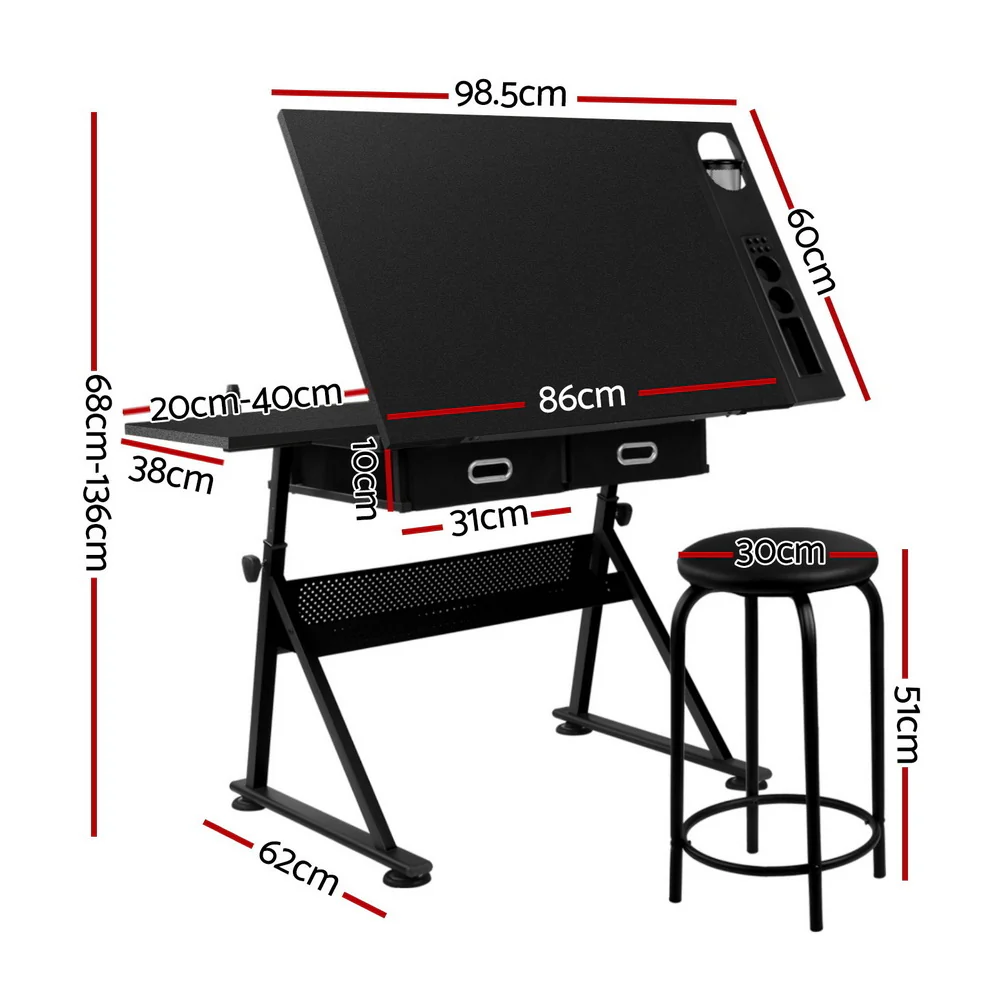 Artiss Drawing Desk Stool Set Drafting Table Adjustable Angle Tilt Drawers Black - Image 3