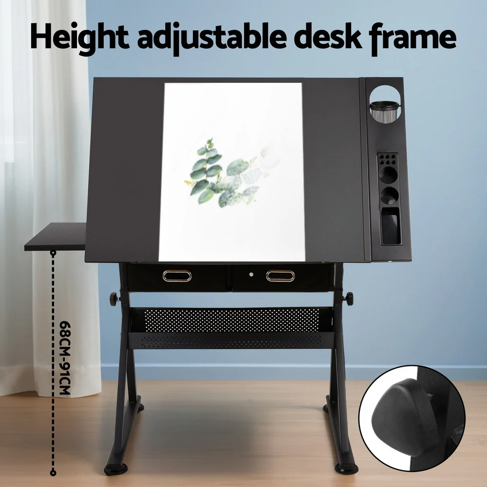 Artiss Drawing Desk Stool Set Drafting Table Adjustable Angle Tilt Drawers Black - Image 5