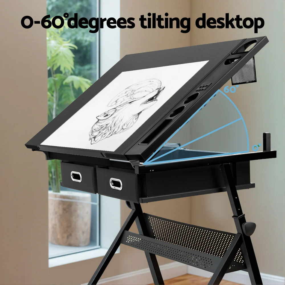 Artiss Drawing Desk Stool Set Drafting Table Adjustable Angle Tilt Drawers Black - Image 6