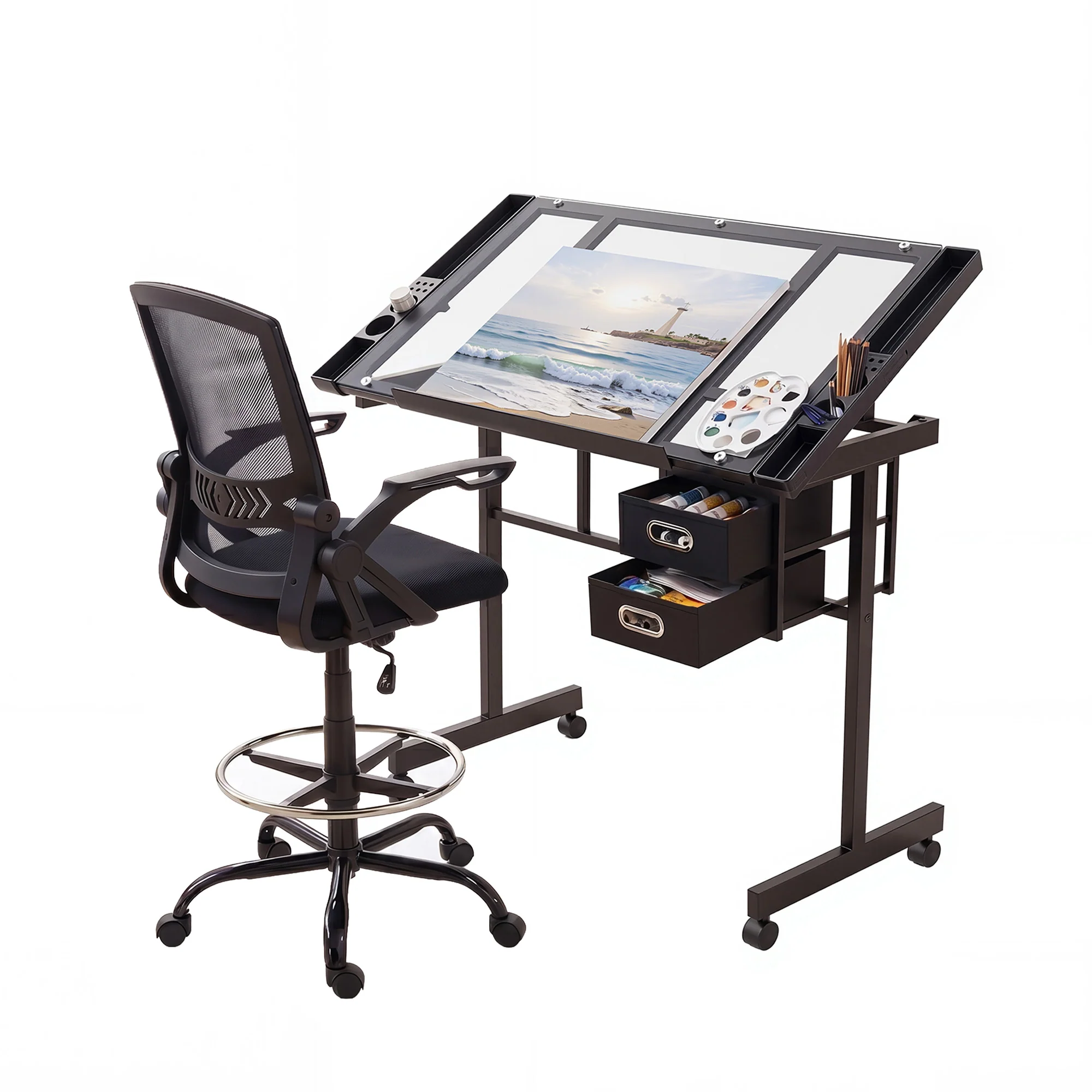 Artiss Drawing Table with Ergonomic Office Chair, Drafting Tables with Tempered Glass Desktop, Removable Drawers, Drafting Stool with Height Adjustable for Artwork Painting Studio - Image 2