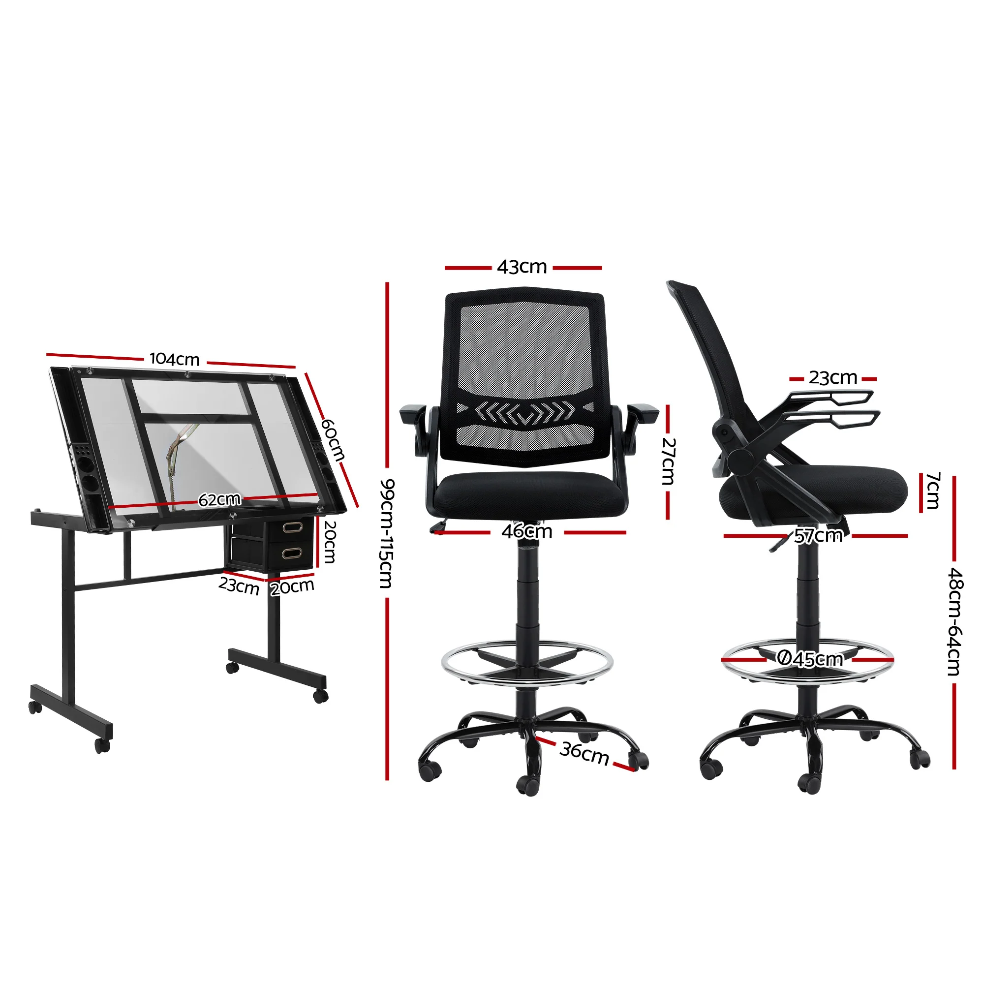 Artiss Drawing Table with Ergonomic Office Chair, Drafting Tables with Tempered Glass Desktop, Removable Drawers, Drafting Stool with Height Adjustable for Artwork Painting Studio - Image 3