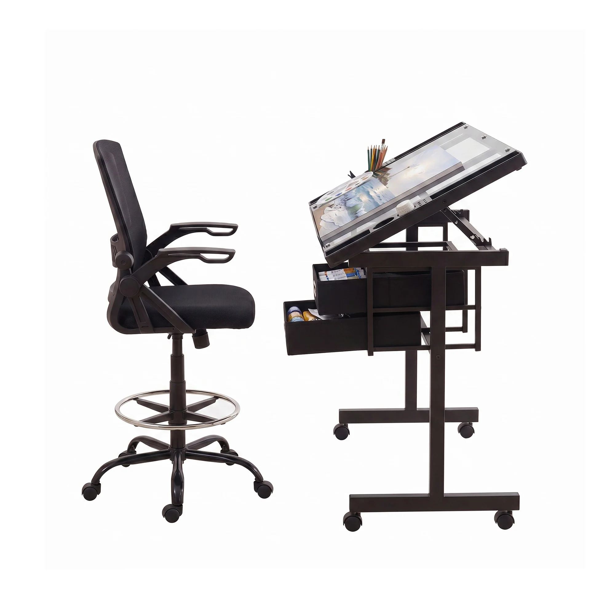 Artiss Drawing Table with Ergonomic Office Chair, Drafting Tables with Tempered Glass Desktop, Removable Drawers, Drafting Stool with Height Adjustable for Artwork Painting Studio - Image 4