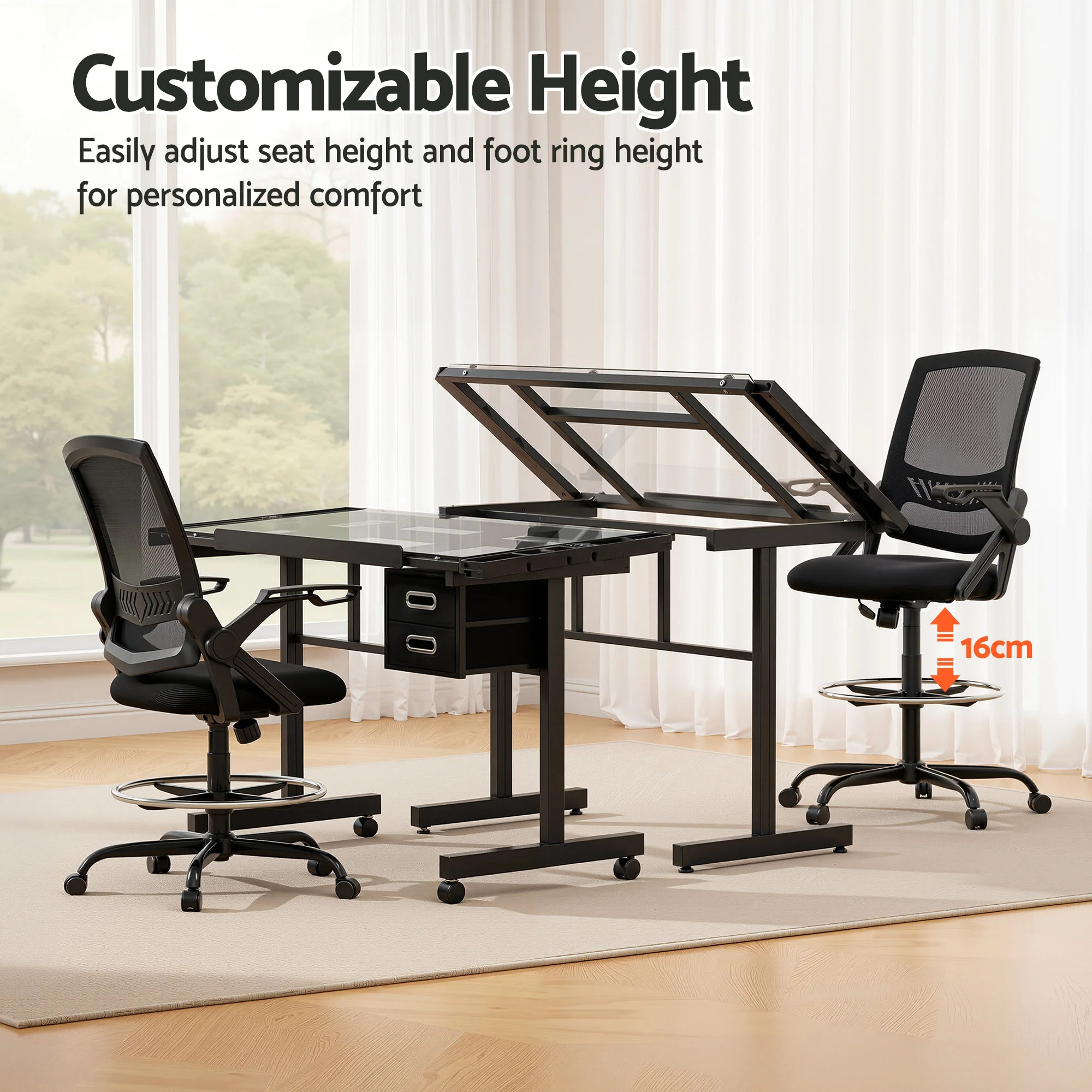 Artiss Drawing Table with Ergonomic Office Chair, Drafting Tables with Tempered Glass Desktop, Removable Drawers, Drafting Stool with Height Adjustable for Artwork Painting Studio - Image 5