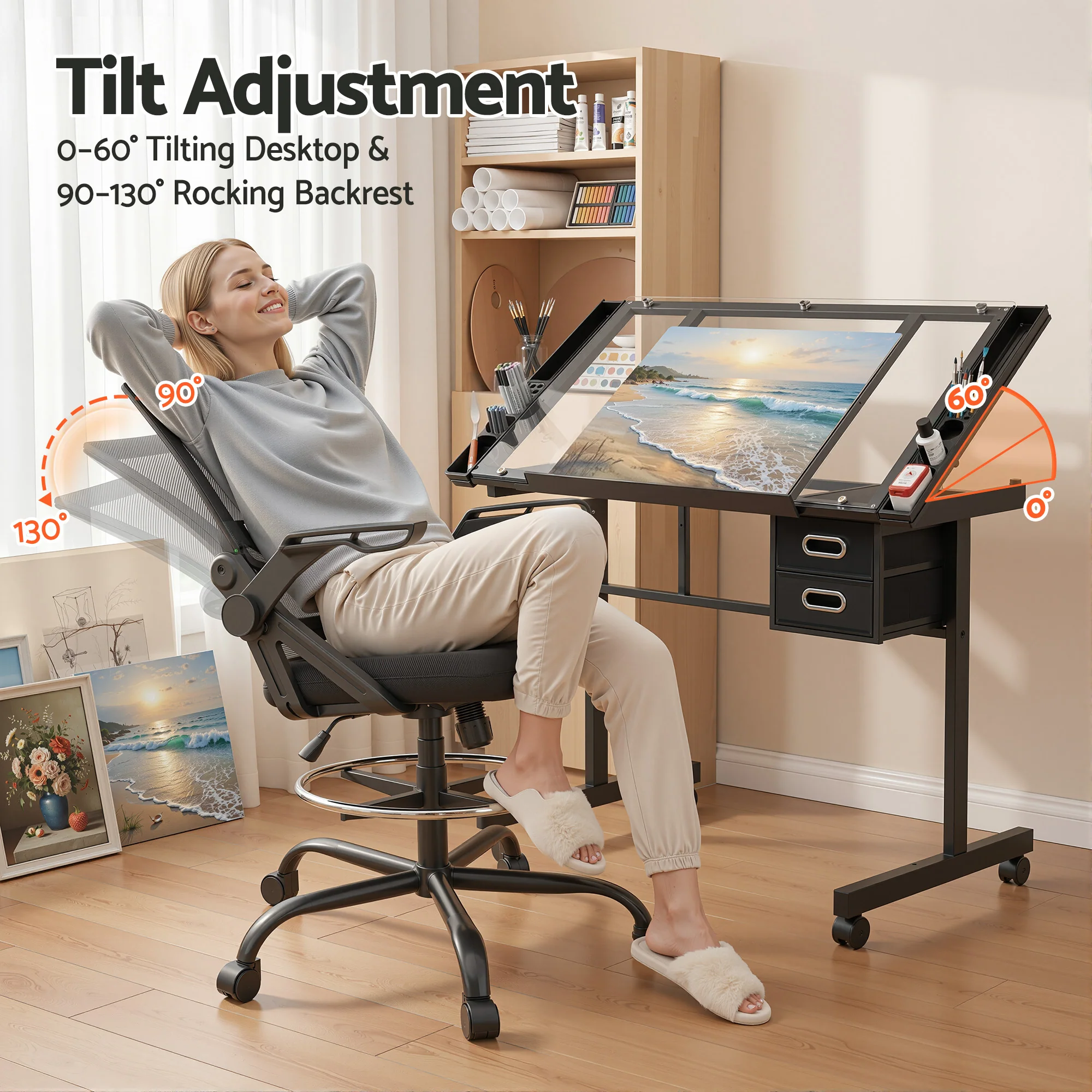 Artiss Drawing Table with Ergonomic Office Chair, Drafting Tables with Tempered Glass Desktop, Removable Drawers, Drafting Stool with Height Adjustable for Artwork Painting Studio - Image 6