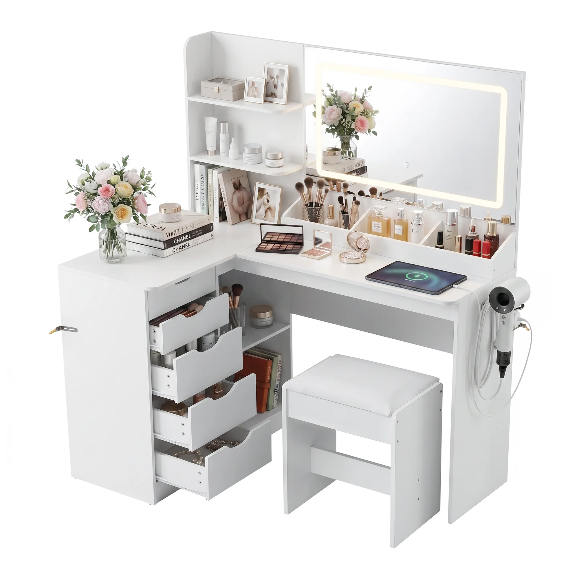 Artiss Dressing Table Corner Vanity Desk Set Stool LED Charging Station White - Image 2