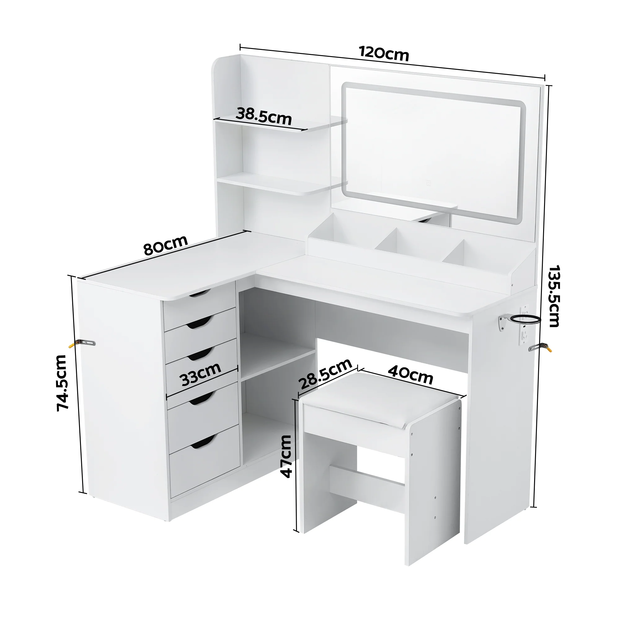 Artiss Dressing Table Corner Vanity Desk Set Stool LED Charging Station White - Image 3