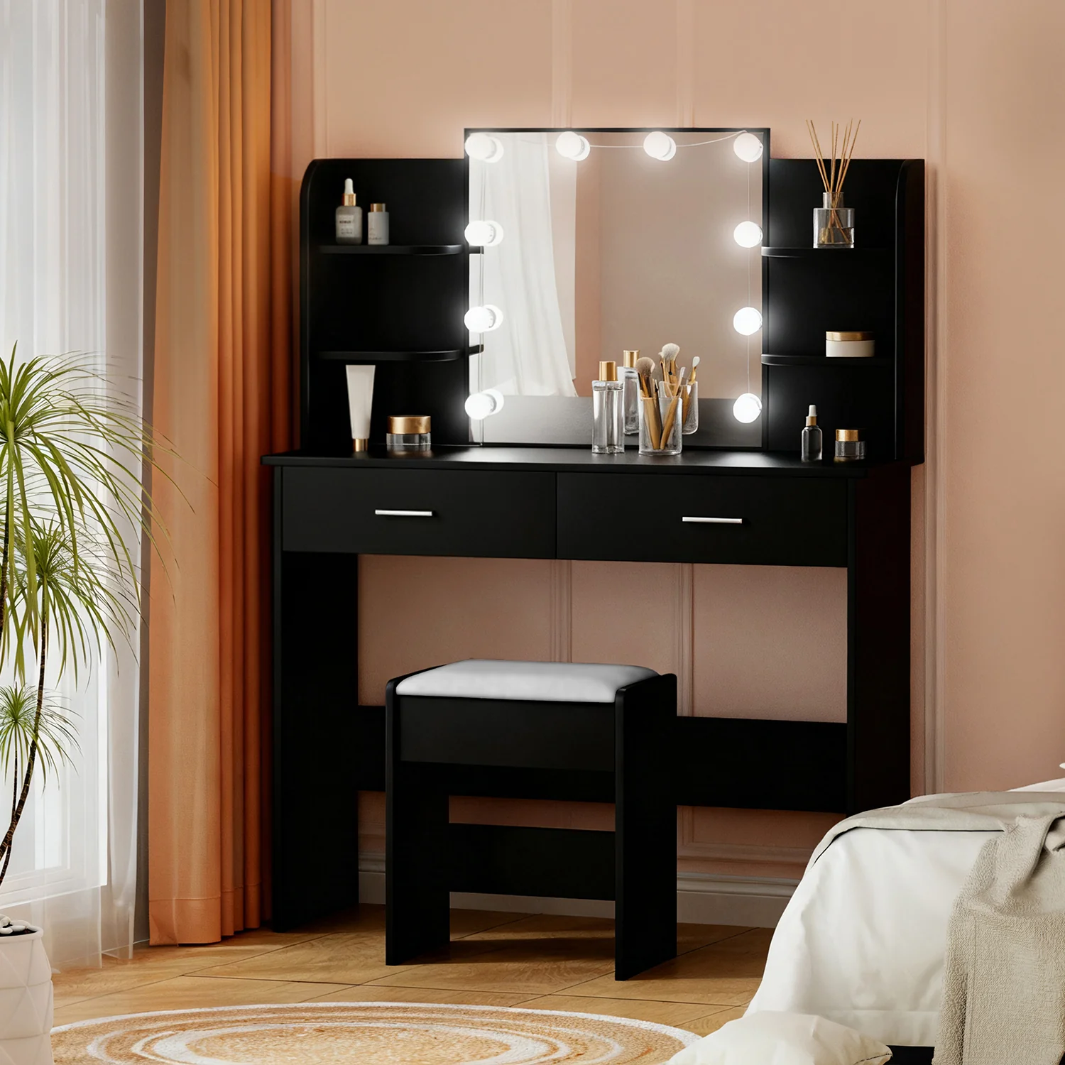 Artiss Dressing Table Set Stool 10 Led Bulbs Black Dulcea - Image 7