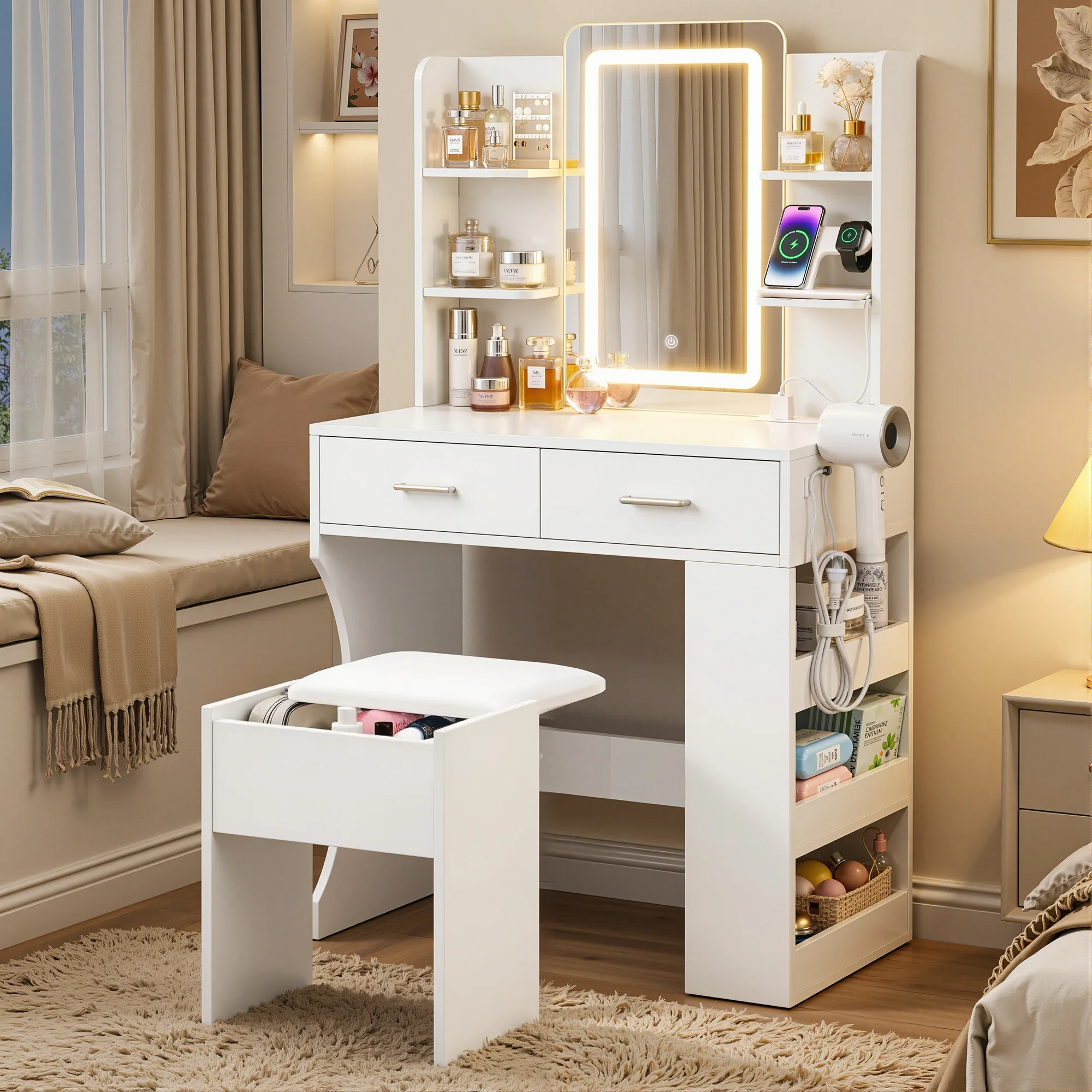 Artiss Dressing Table LED Vanity Desk Set Stool Charging Station Mirror White