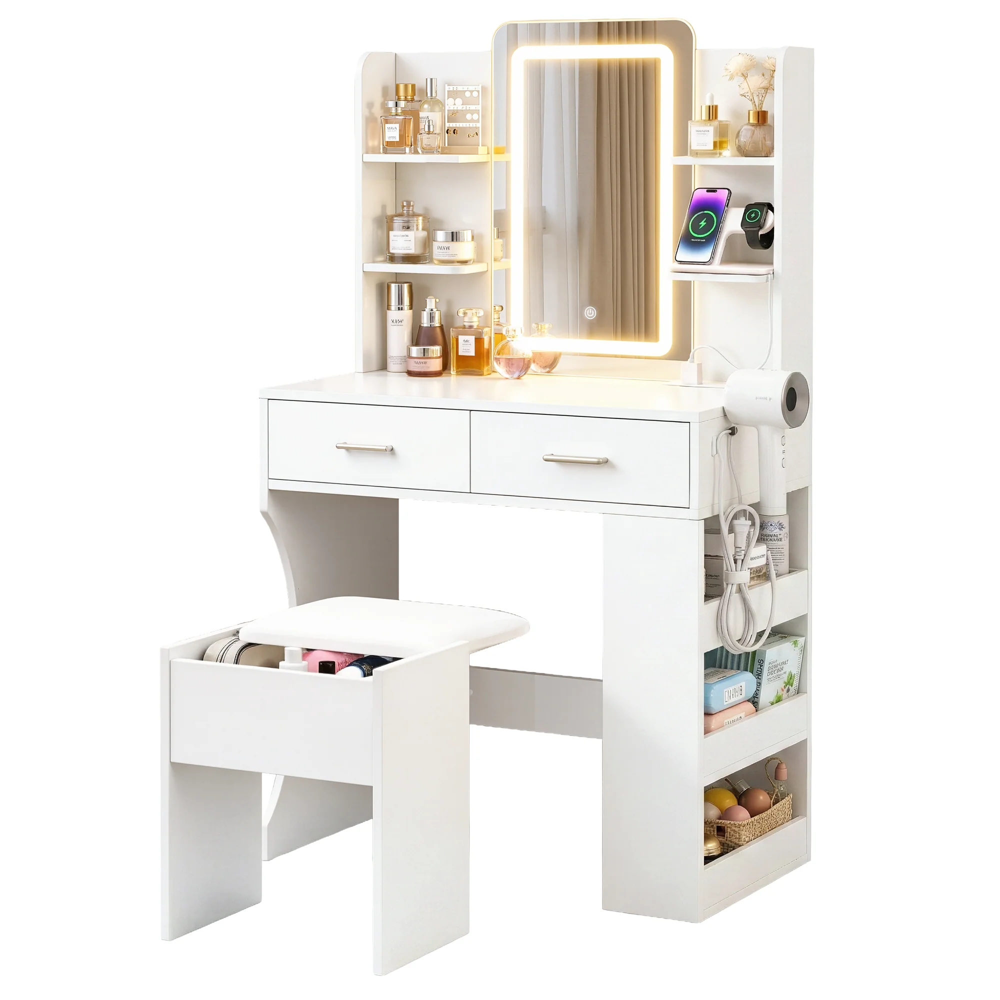 Artiss Dressing Table LED Vanity Desk Set Stool Charging Station Mirror White - Image 2