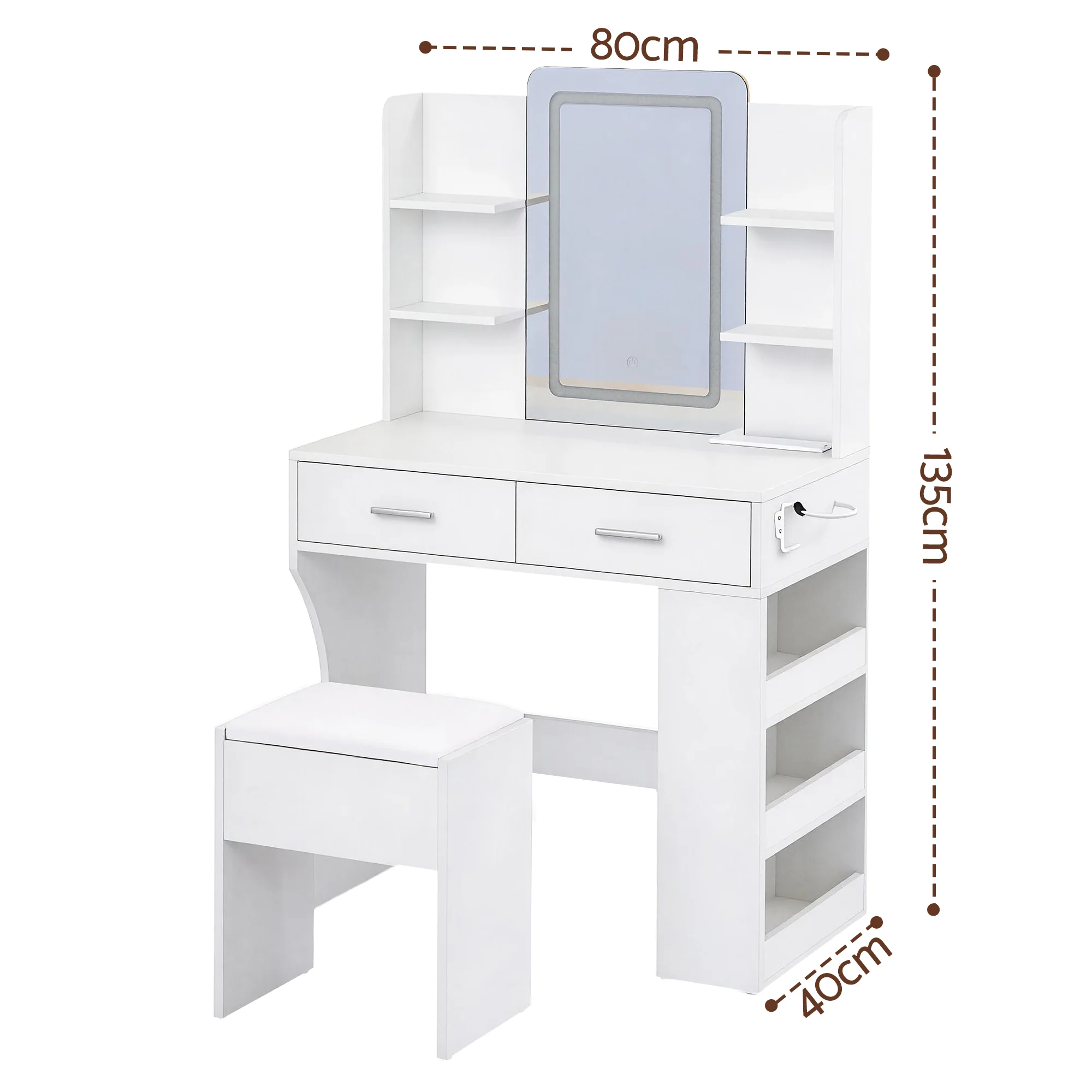 Artiss Dressing Table LED Vanity Desk Set Stool Charging Station Mirror White - Image 3
