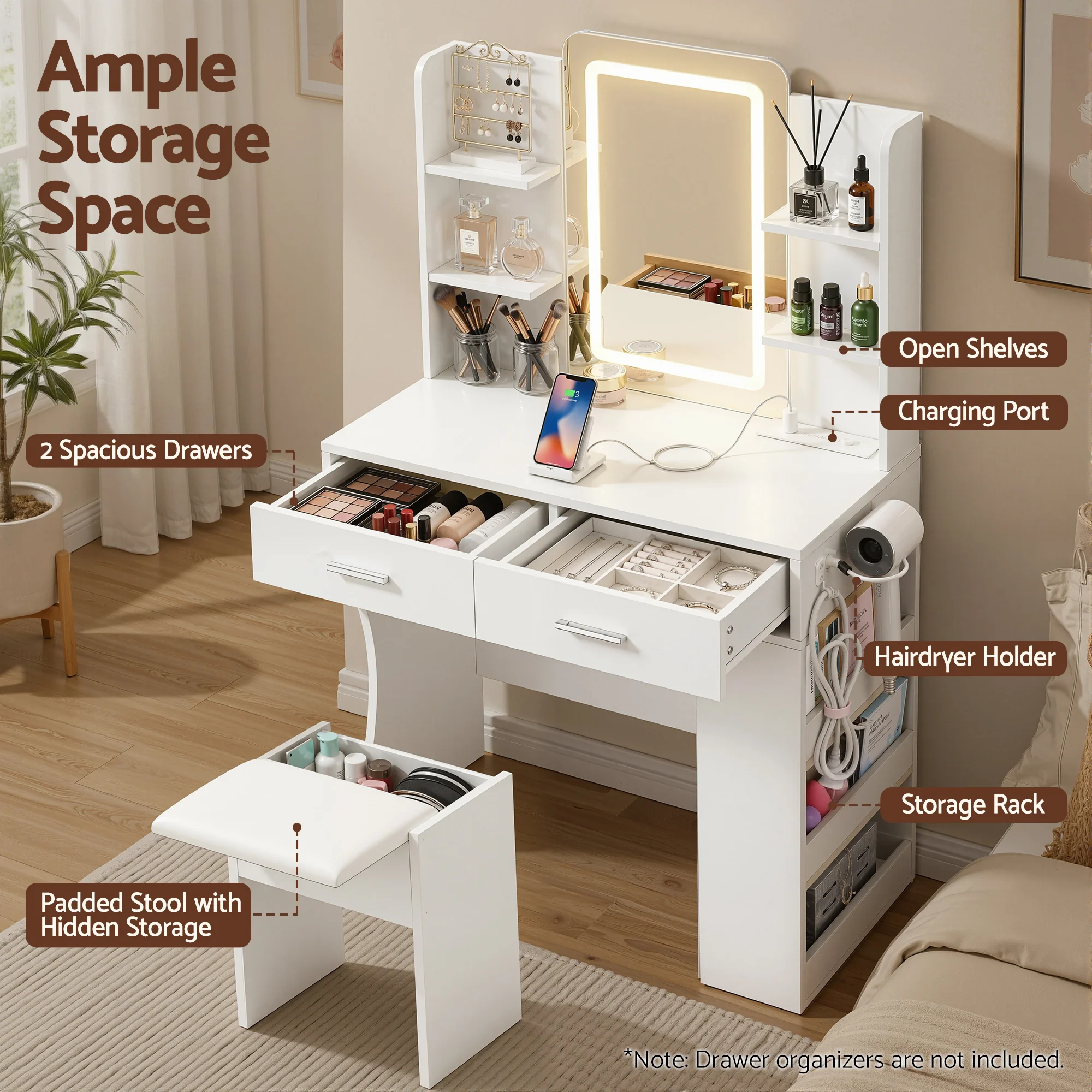 Artiss Dressing Table LED Vanity Desk Set Stool Charging Station Mirror White - Image 6