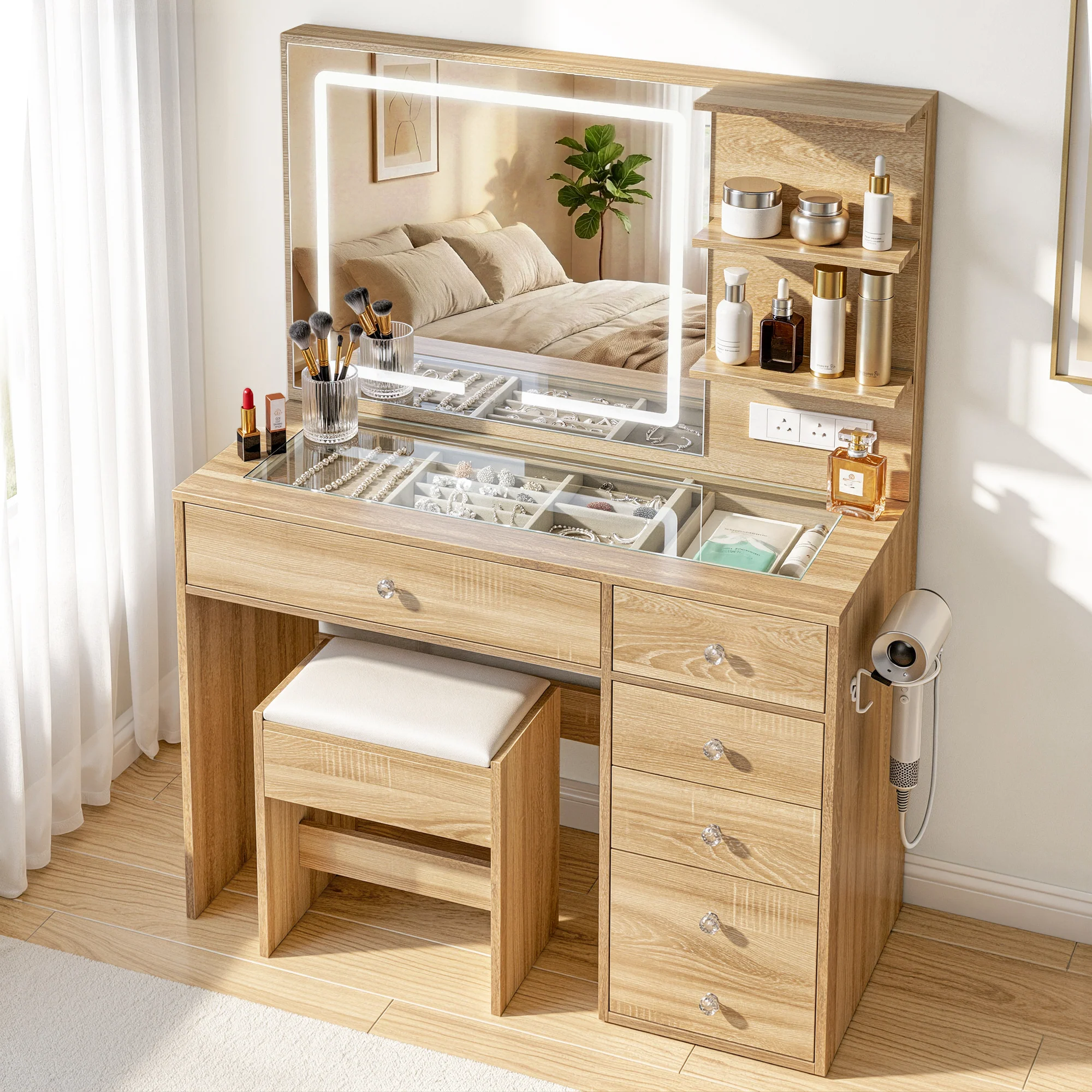 Artiss Dressing Table LED Vanity Desk Set Stool  Wood