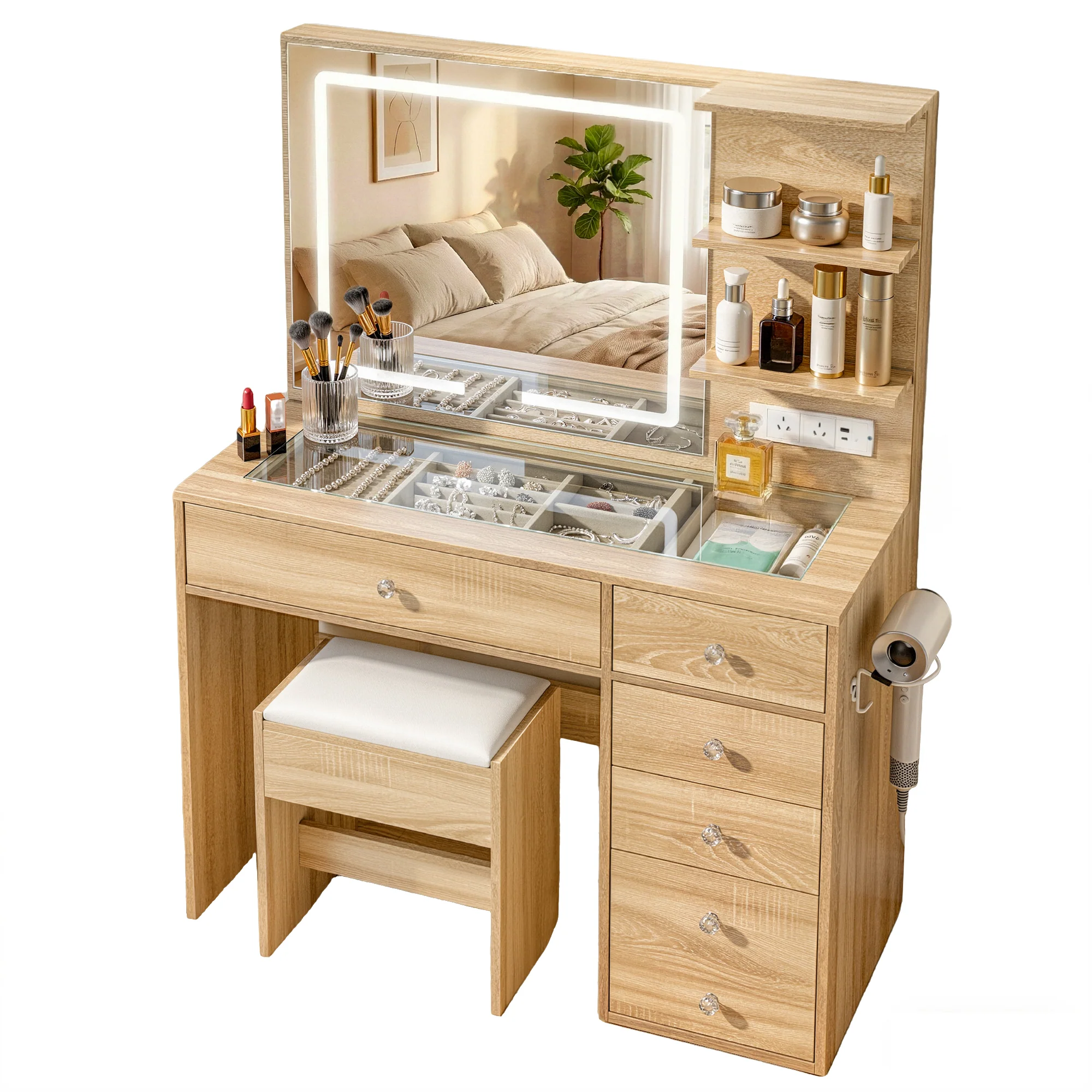 Artiss Dressing Table LED Vanity Desk Set Stool  Wood - Image 2