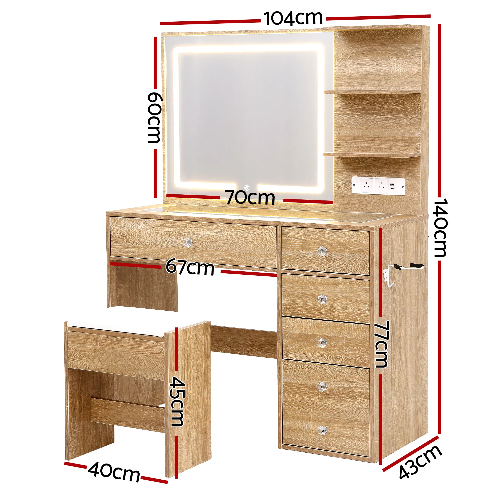 Artiss Dressing Table LED Vanity Desk Set Stool  Wood - Image 3