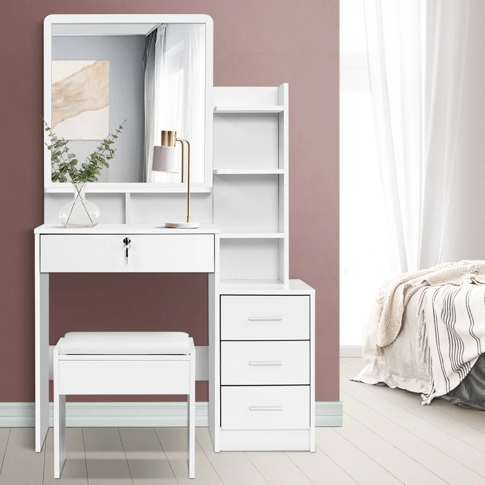 Artiss Dressing Table Stool Set 4 Drawers White - Image 3