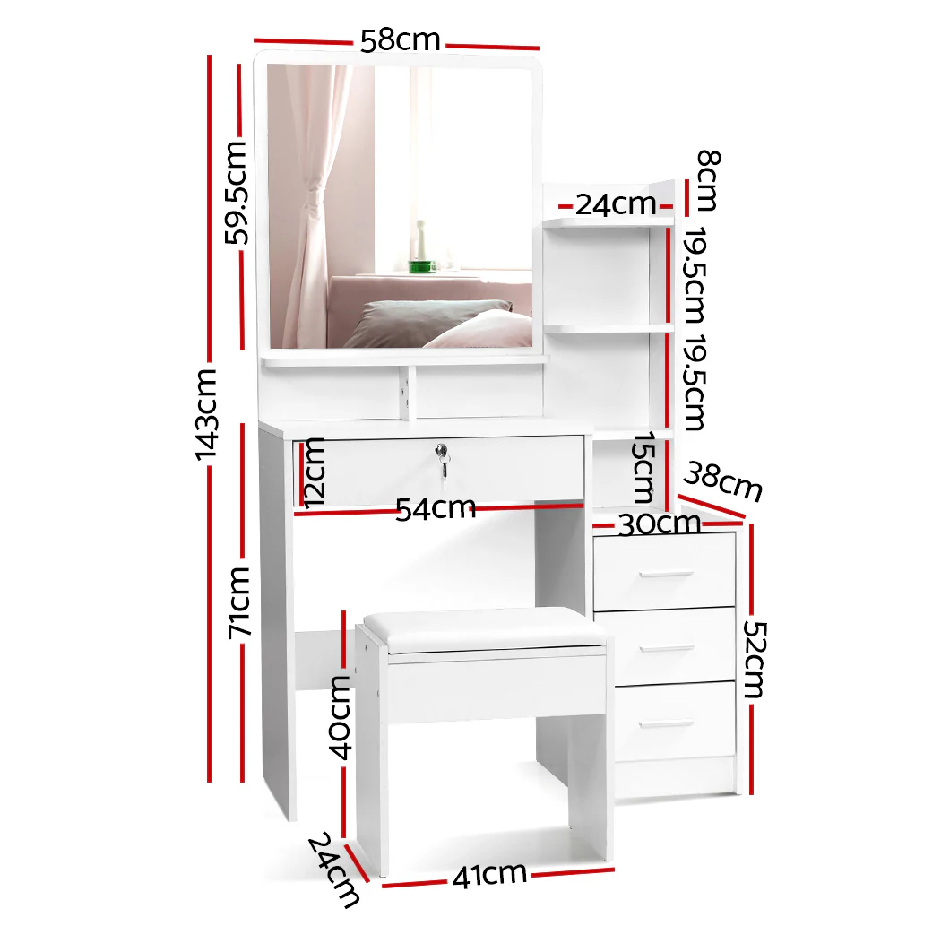 Artiss Dressing Table Stool Set 4 Drawers White - Image 8