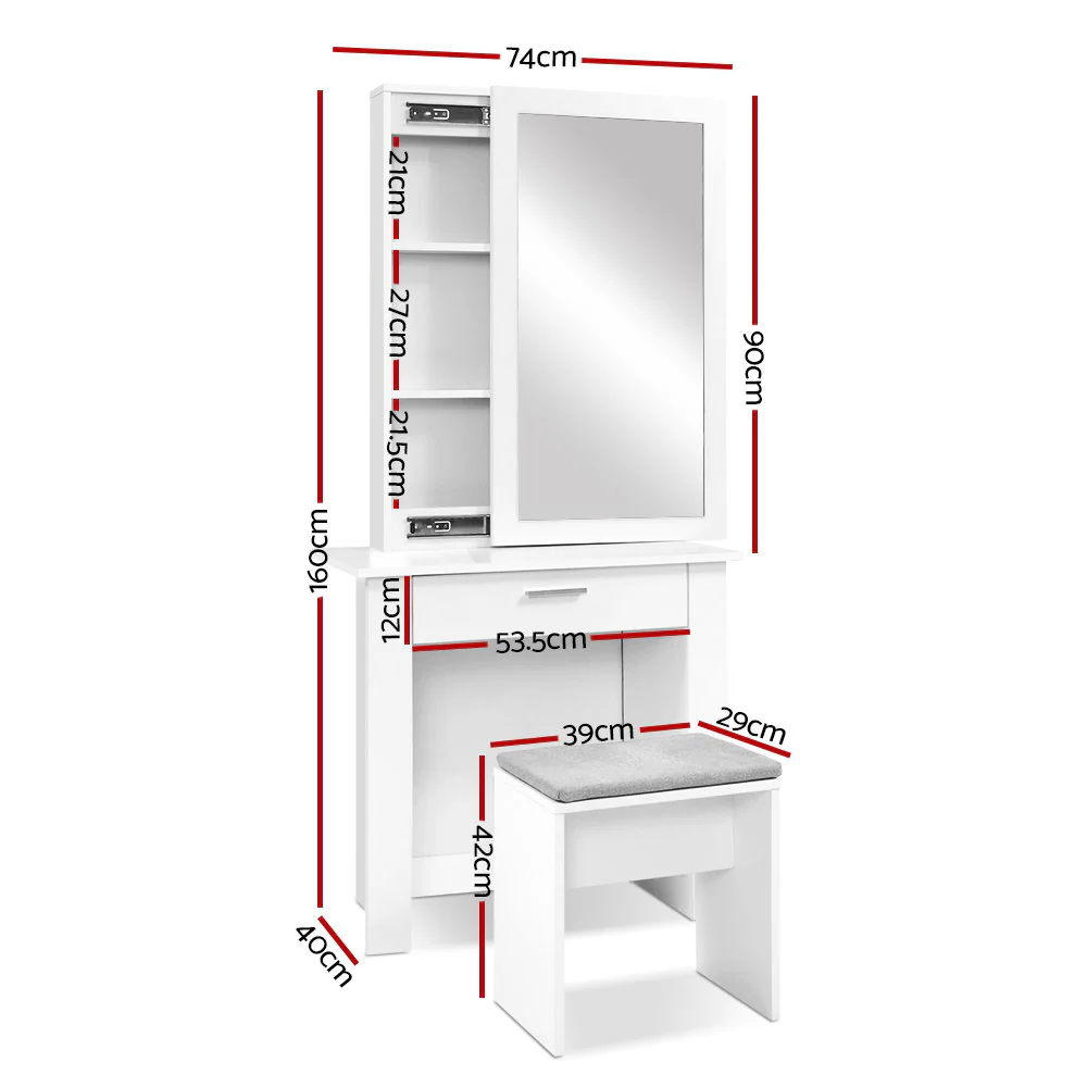 Artiss Dressing Table Stool Set Sliding Mirror White Demi - Image 3
