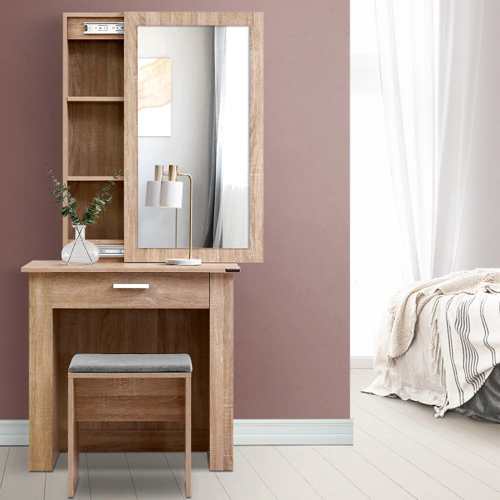 Artiss Dressing Table Stool Set Sliding Mirror Oak Demi - Image 3