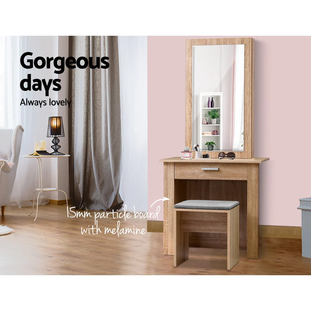 Artiss Dressing Table Stool Set Sliding Mirror Oak Demi - Image 4