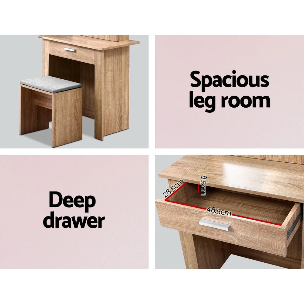 Artiss Dressing Table Stool Set Sliding Mirror Oak Demi - Image 6