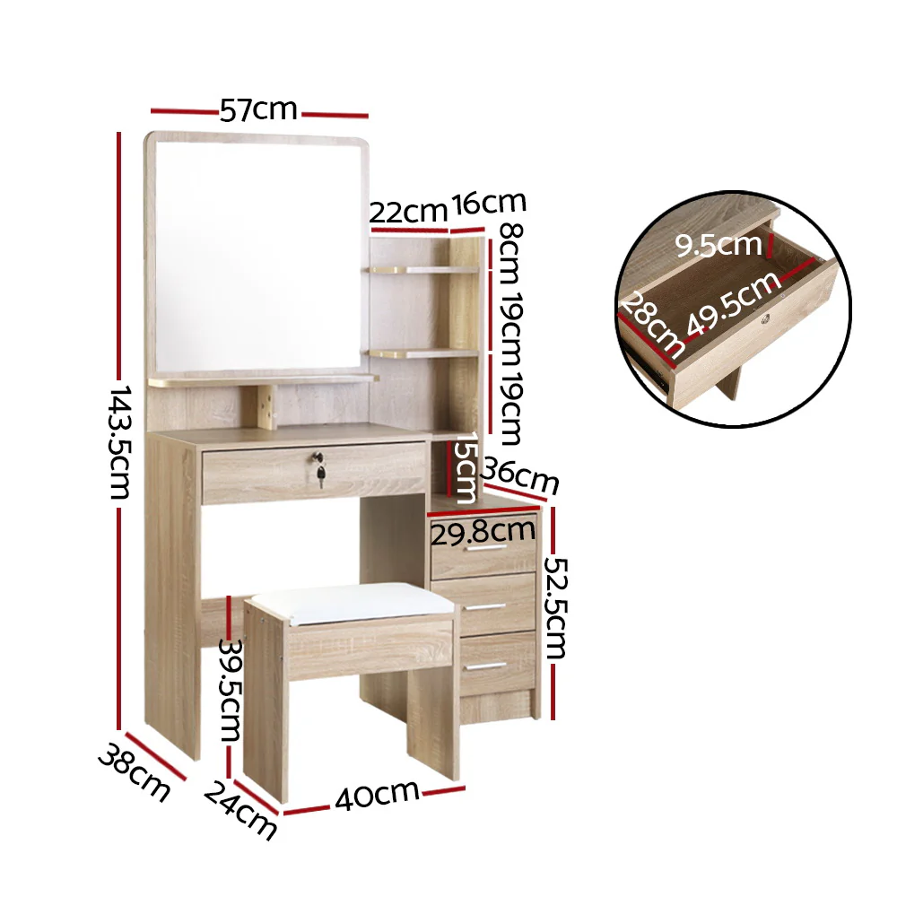 Artiss Dressing Table Stool Set 4 Drawers Oak - Image 3