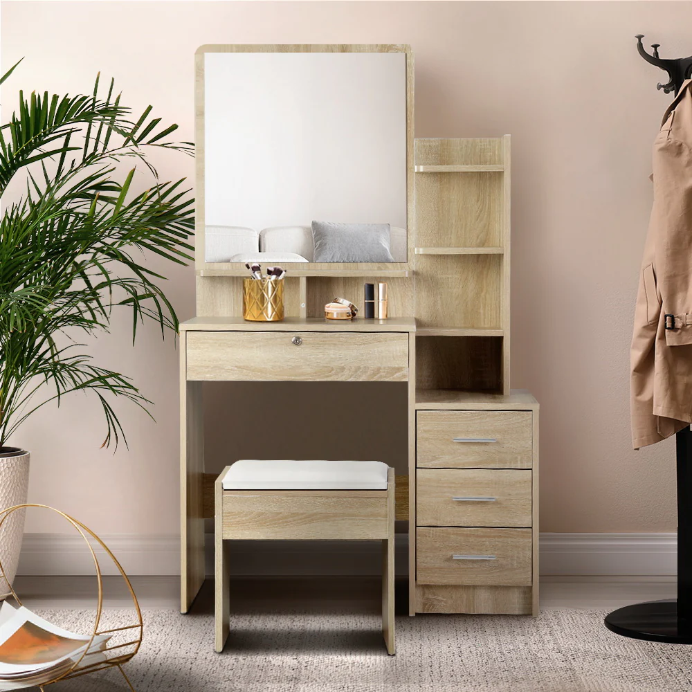 Artiss Dressing Table Stool Set 4 Drawers Oak - Image 9