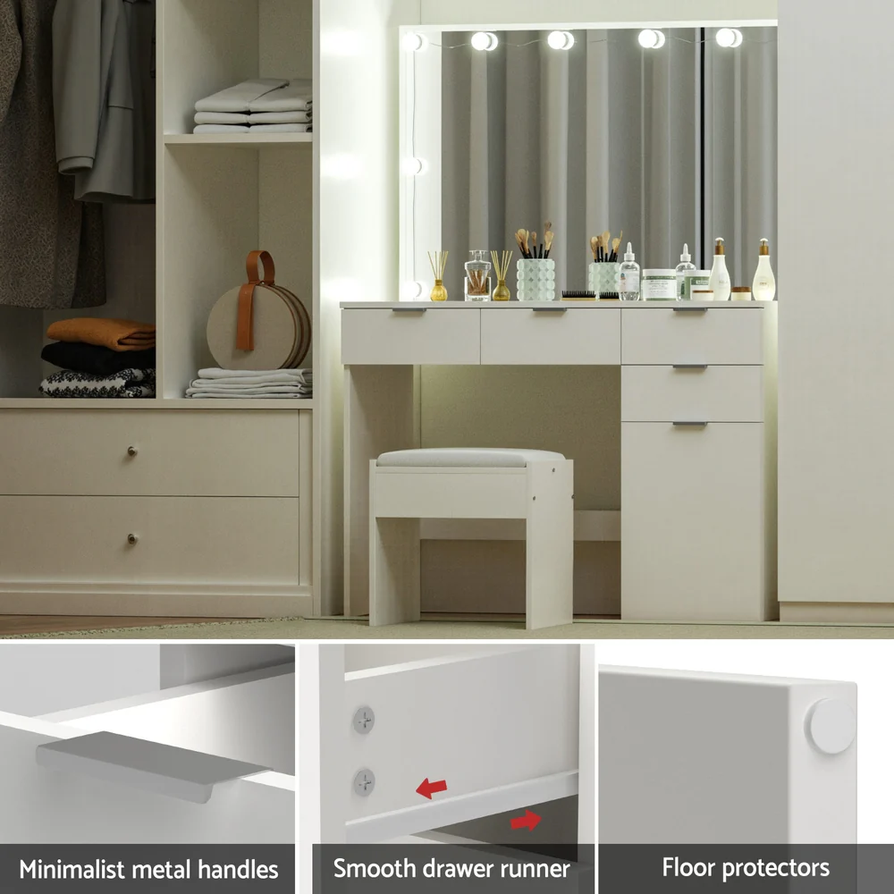 Artiss Dressing Table Set Stool 10 Led Bulbs White - Image 7