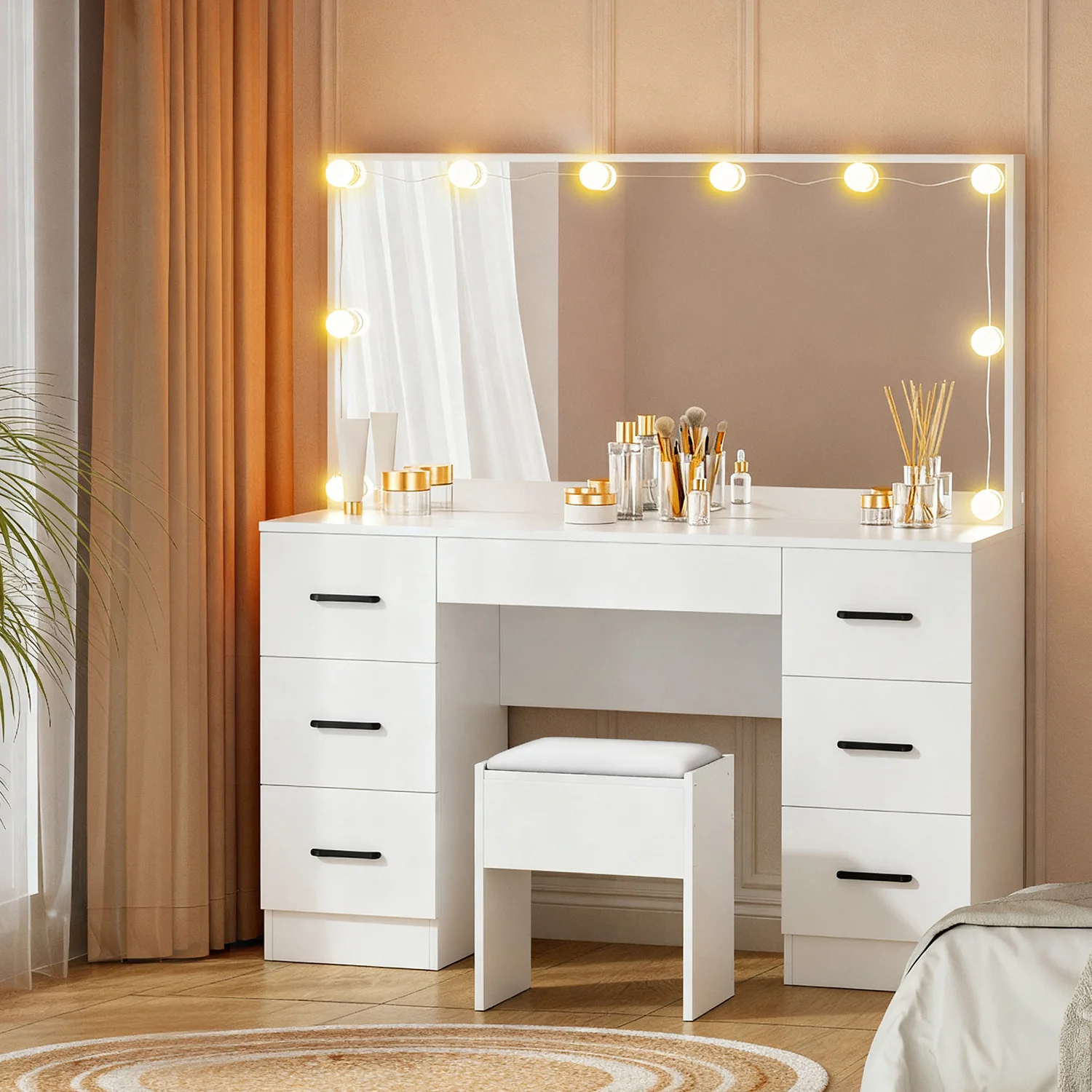 Artiss Dressing Table Set Stool 10 Led Bulbs White Debbie - Image 7