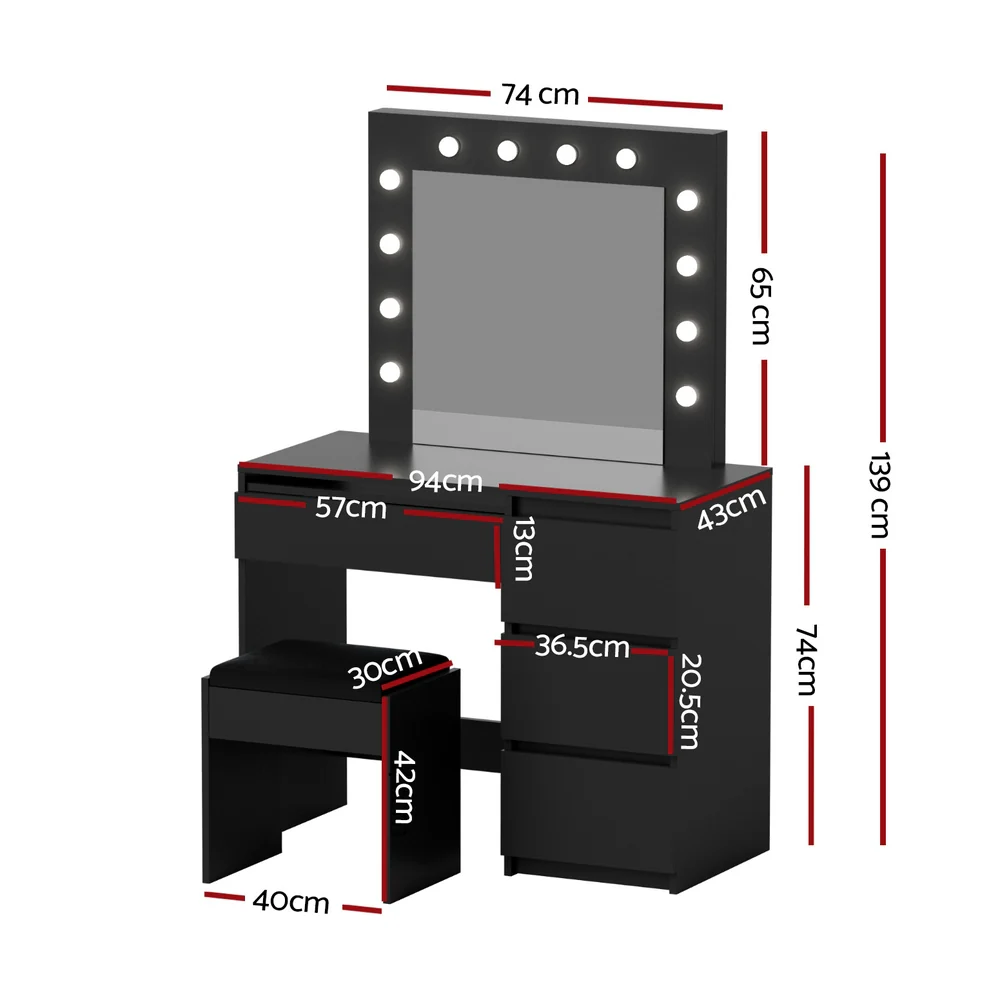 Artiss Dressing Table Set Stool 12 Led Bulbs Black - Image 2