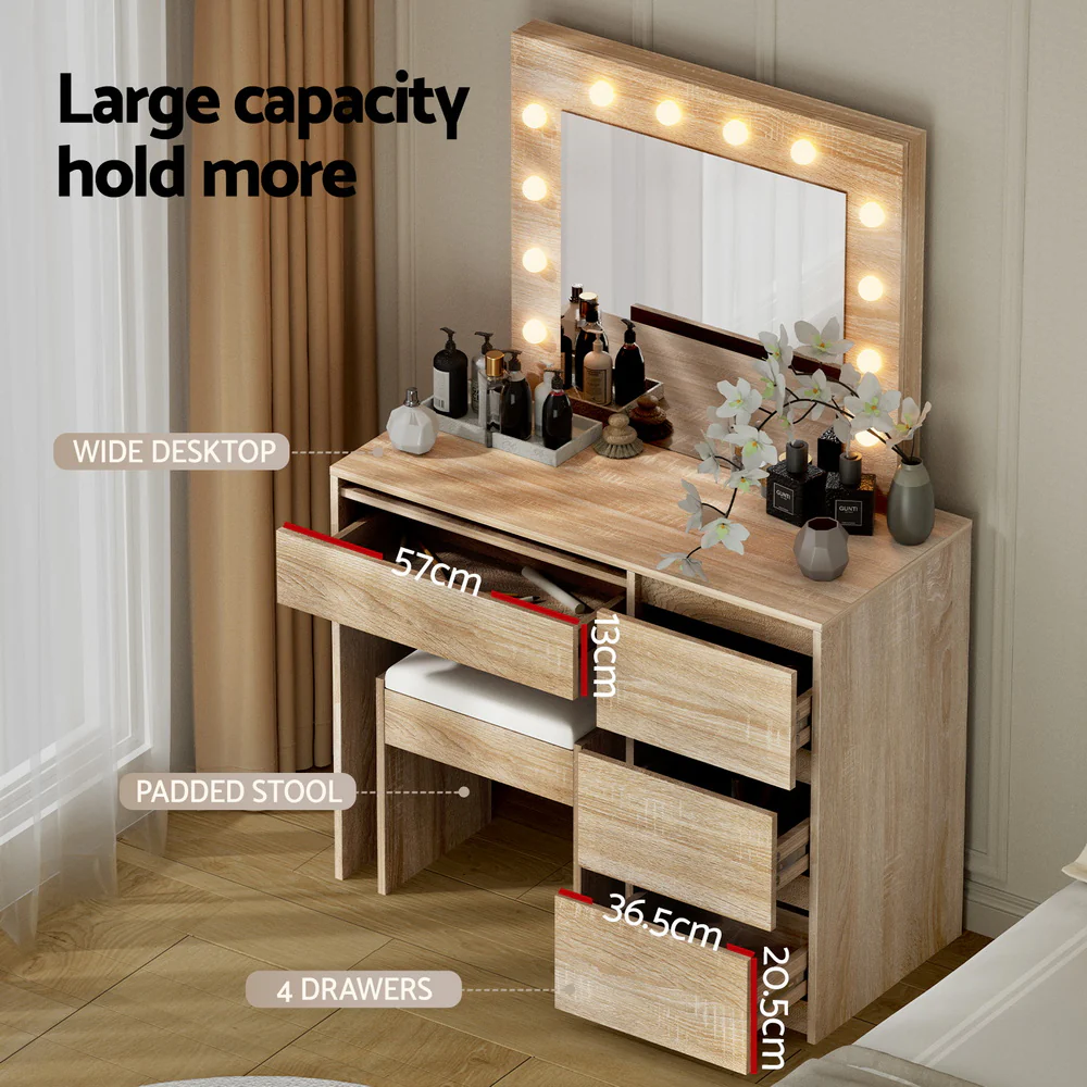 Artiss Dressing Table Set Stool 12 Led Bulbs Wood - Image 5