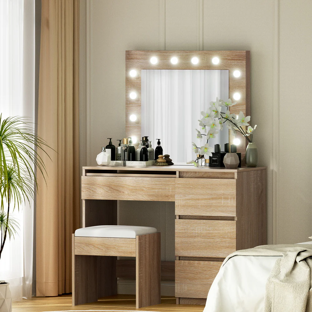 Artiss Dressing Table Set Stool 12 Led Bulbs Wood - Image 7