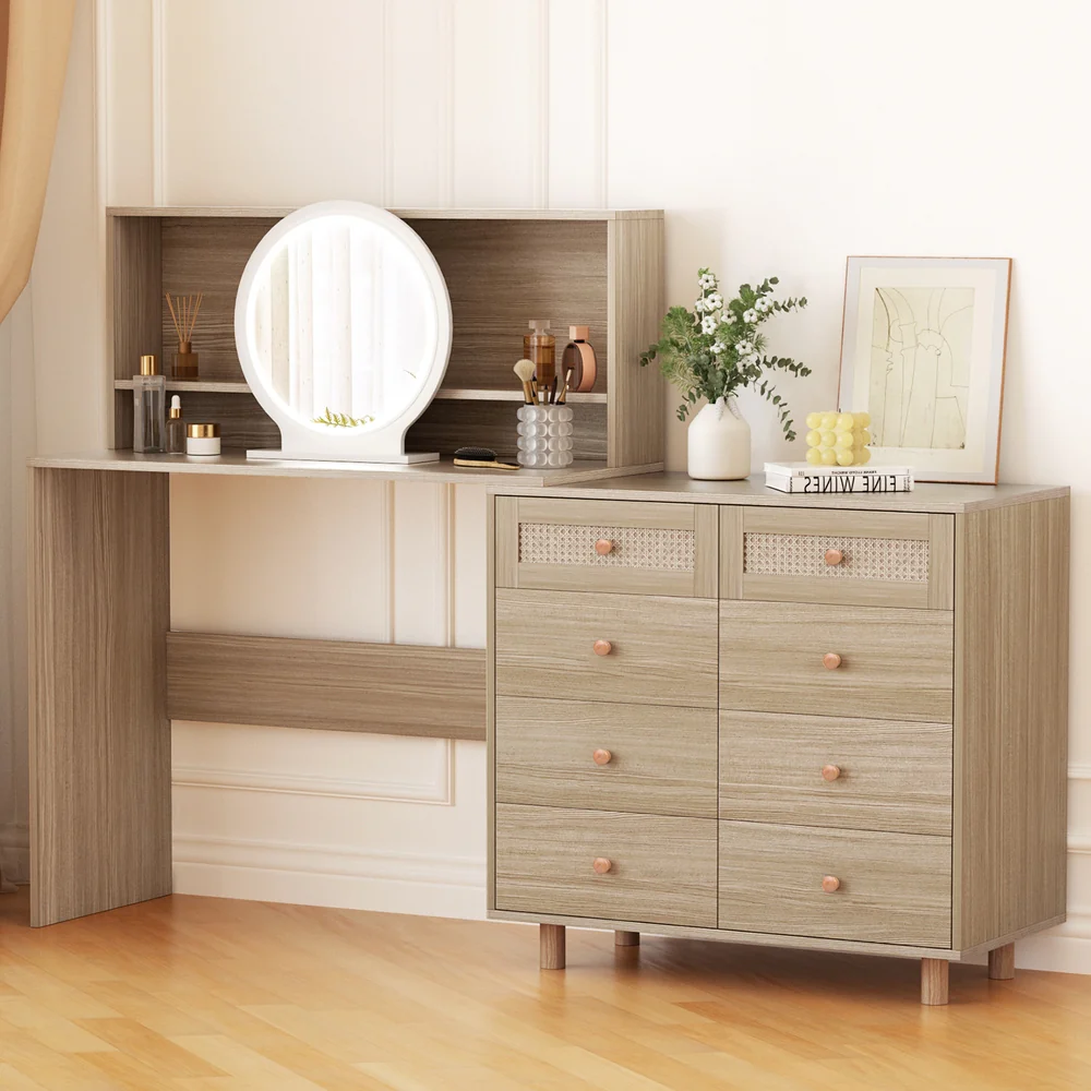 Artiss Dressing Table Set Stool LED Mirror Pine - Image 3
