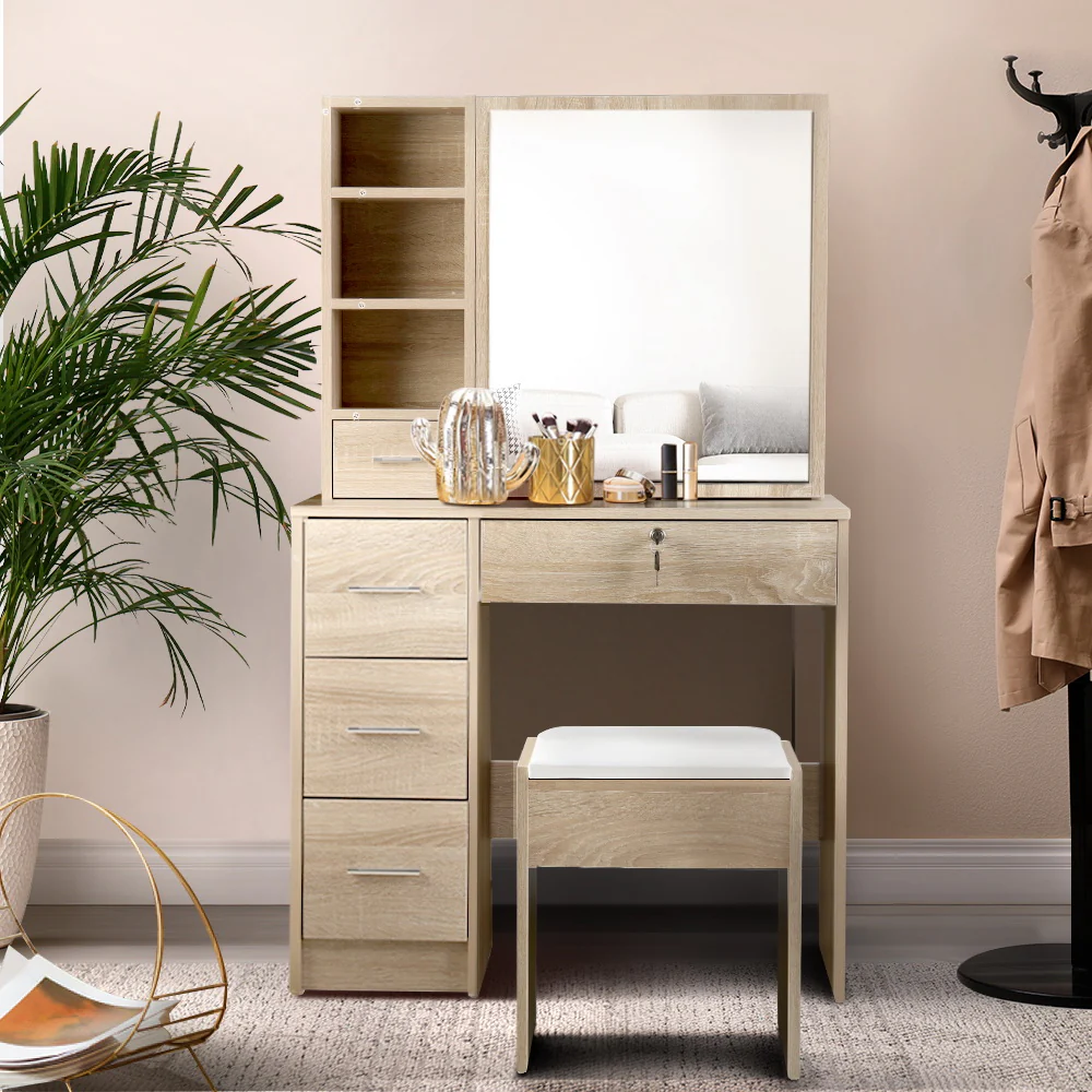Artiss Dressing Table Stool Set Sliding Mirror Oak Diane - Image 9