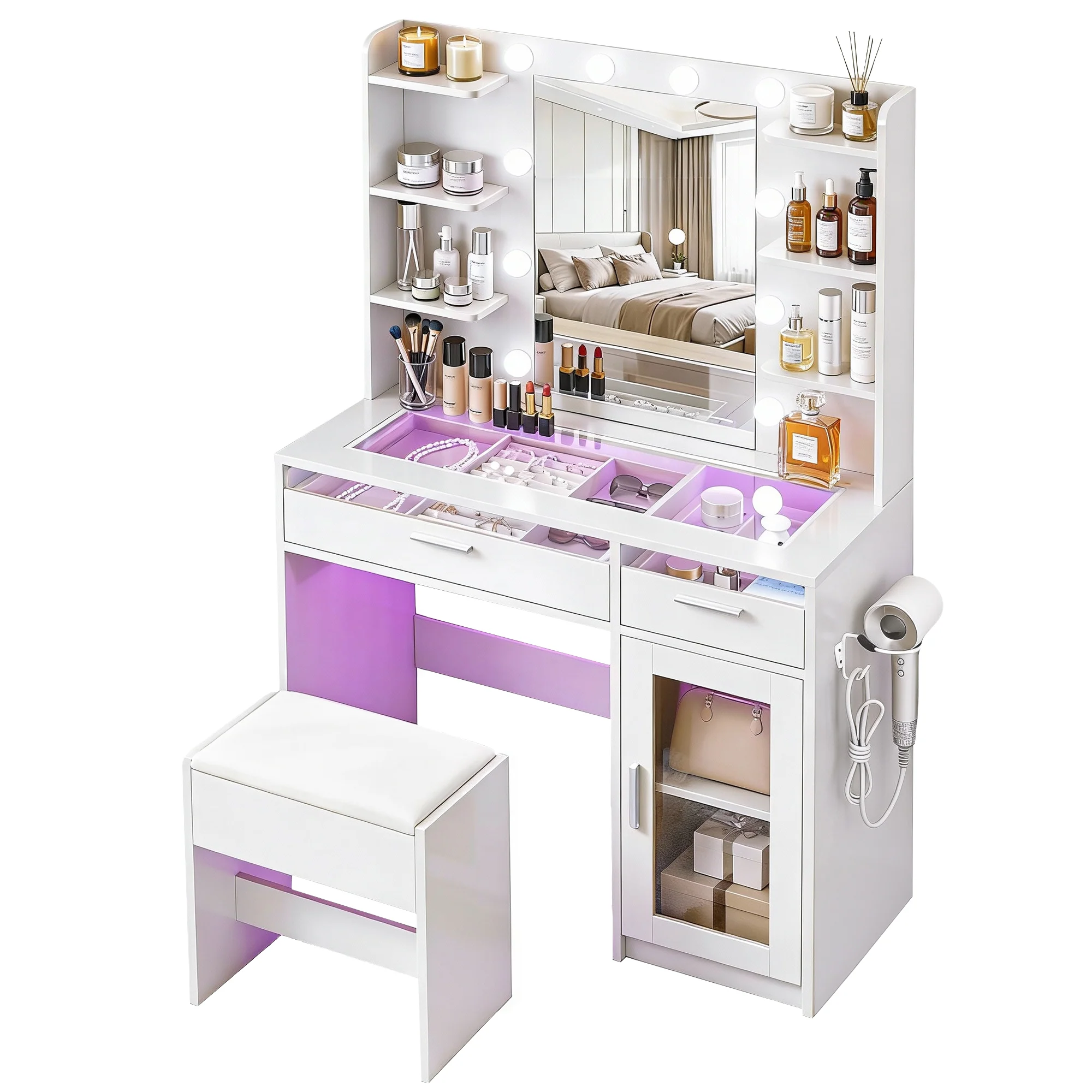 Artiss Dressing Table Vanity Desk Set 10 LED Bulbs RGB Light White - Image 2