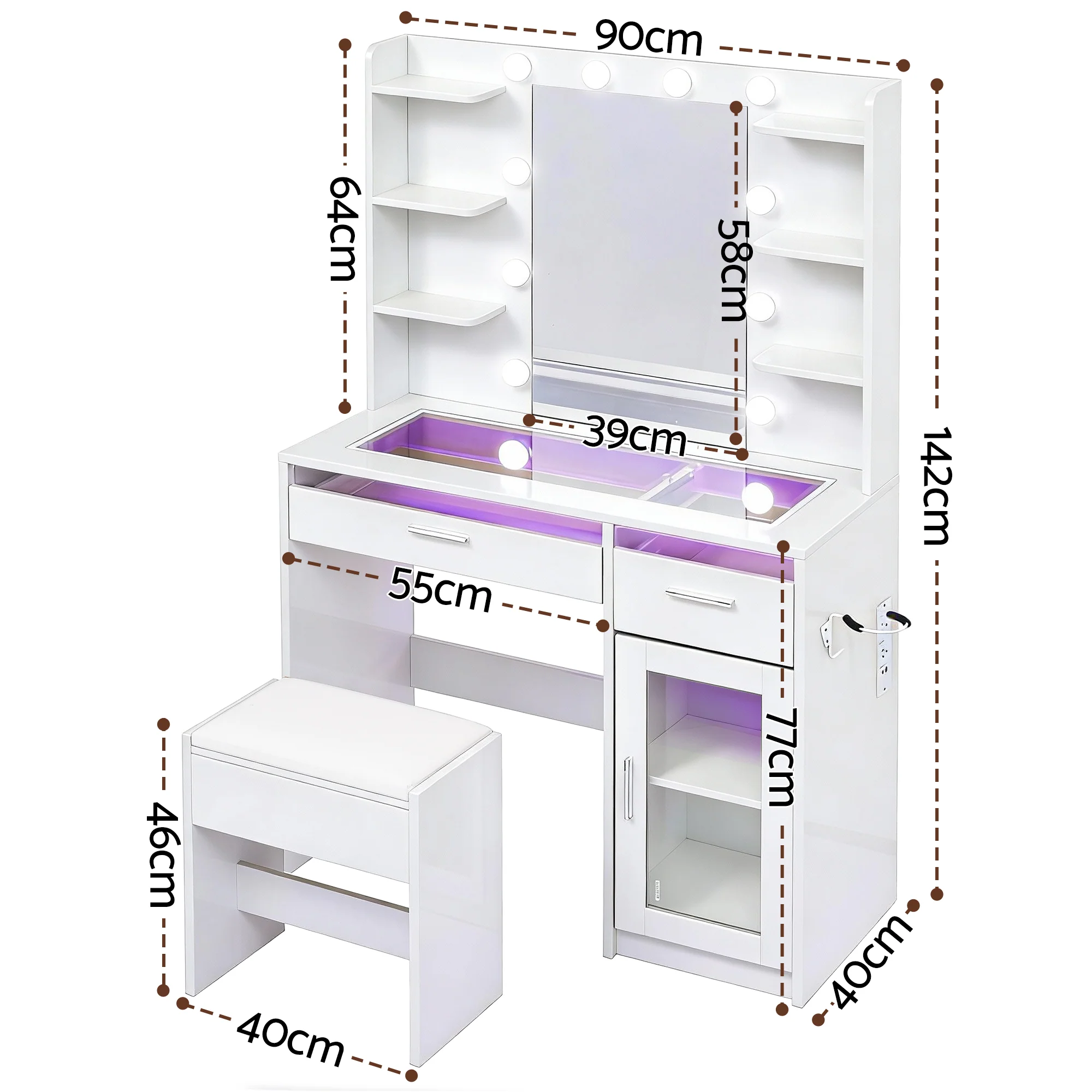 Artiss Dressing Table Vanity Desk Set 10 LED Bulbs RGB Light White - Image 3