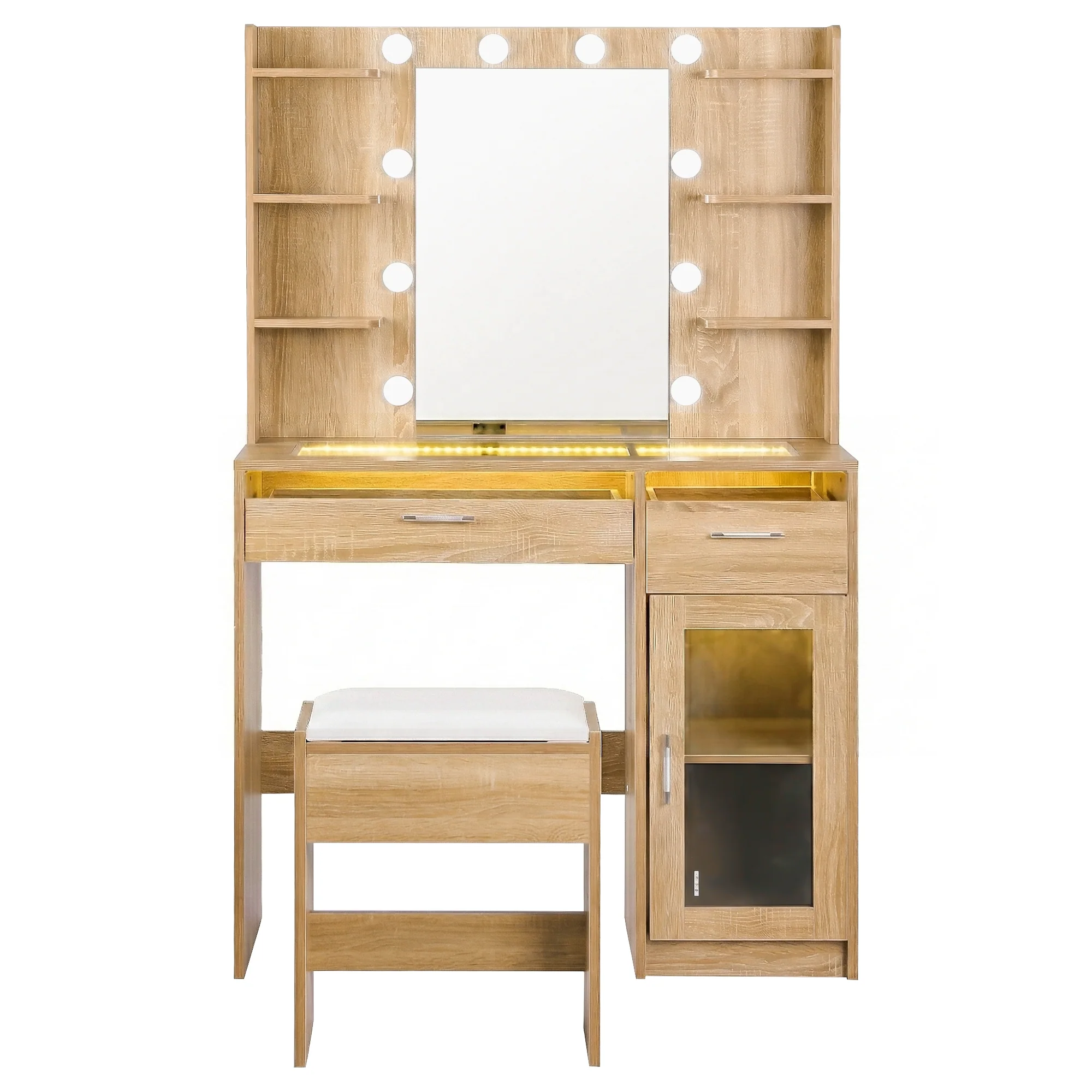 Artiss Dressing Table Vanity Desk Set 10 LED Bulbs RGB Light Wood - Image 4