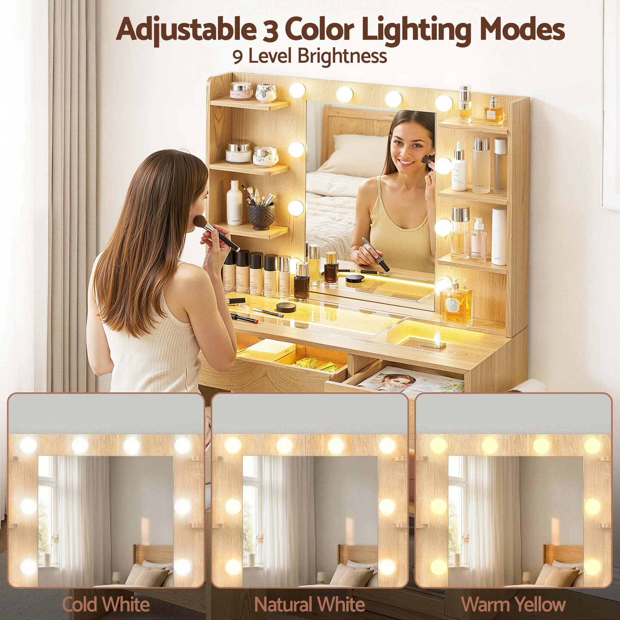 Artiss Dressing Table Vanity Desk Set 10 LED Bulbs RGB Light Wood - Image 5