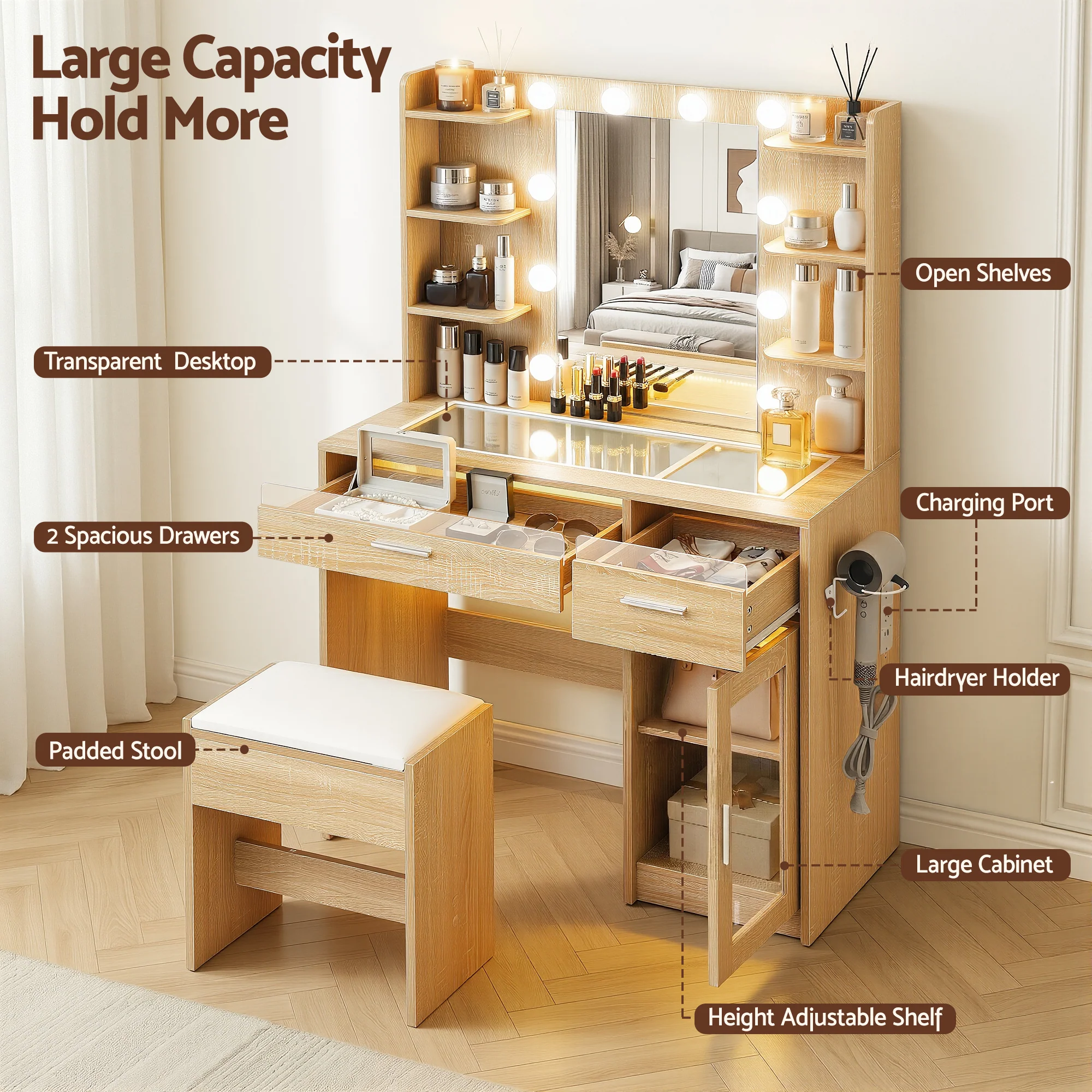 Artiss Dressing Table Vanity Desk Set 10 LED Bulbs RGB Light Wood - Image 7