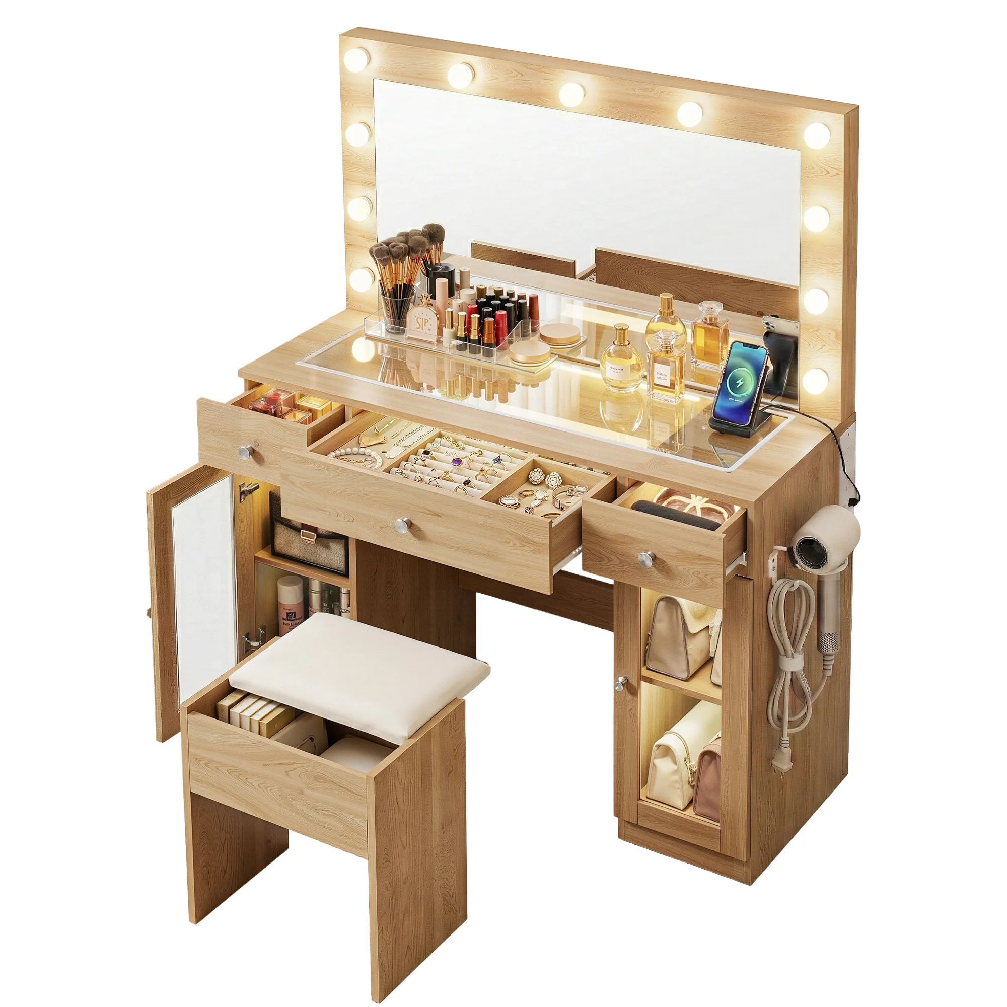 Artiss Dressing Table Vanity Desk Set LED Bulbs RGB Light Wood - Image 2
