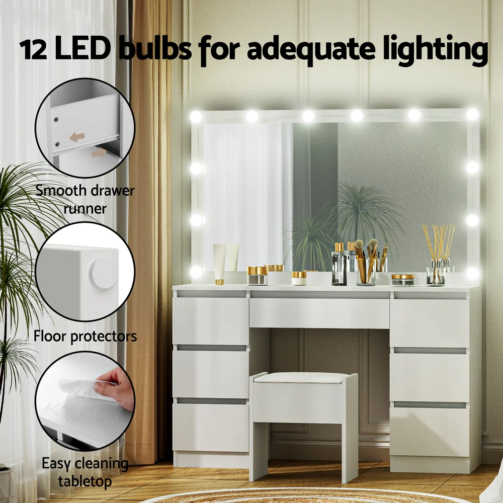Artiss Dressing Table Vanity Desk Set Stool 12 Led Bulbs White - Image 6