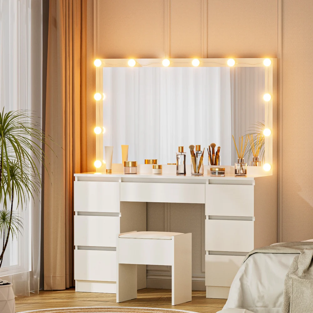 Artiss Dressing Table Vanity Desk Set Stool 12 Led Bulbs White - Image 7